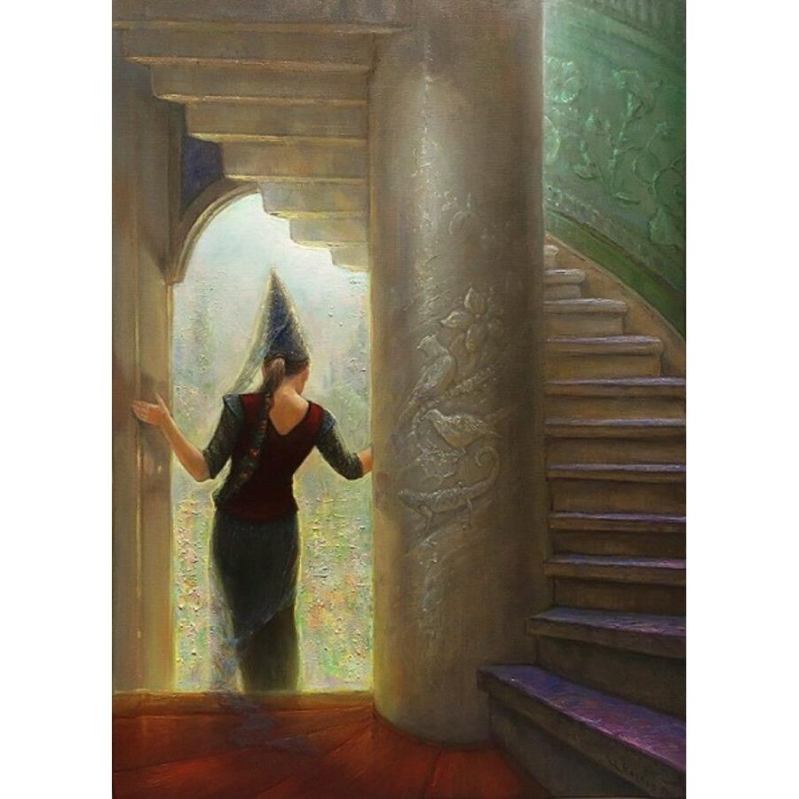Figurative Painting de Igor Maikov - Sube las escaleras hacia el jardín del corazón. 2019, óleo sobre lienzo, 70x50 cm