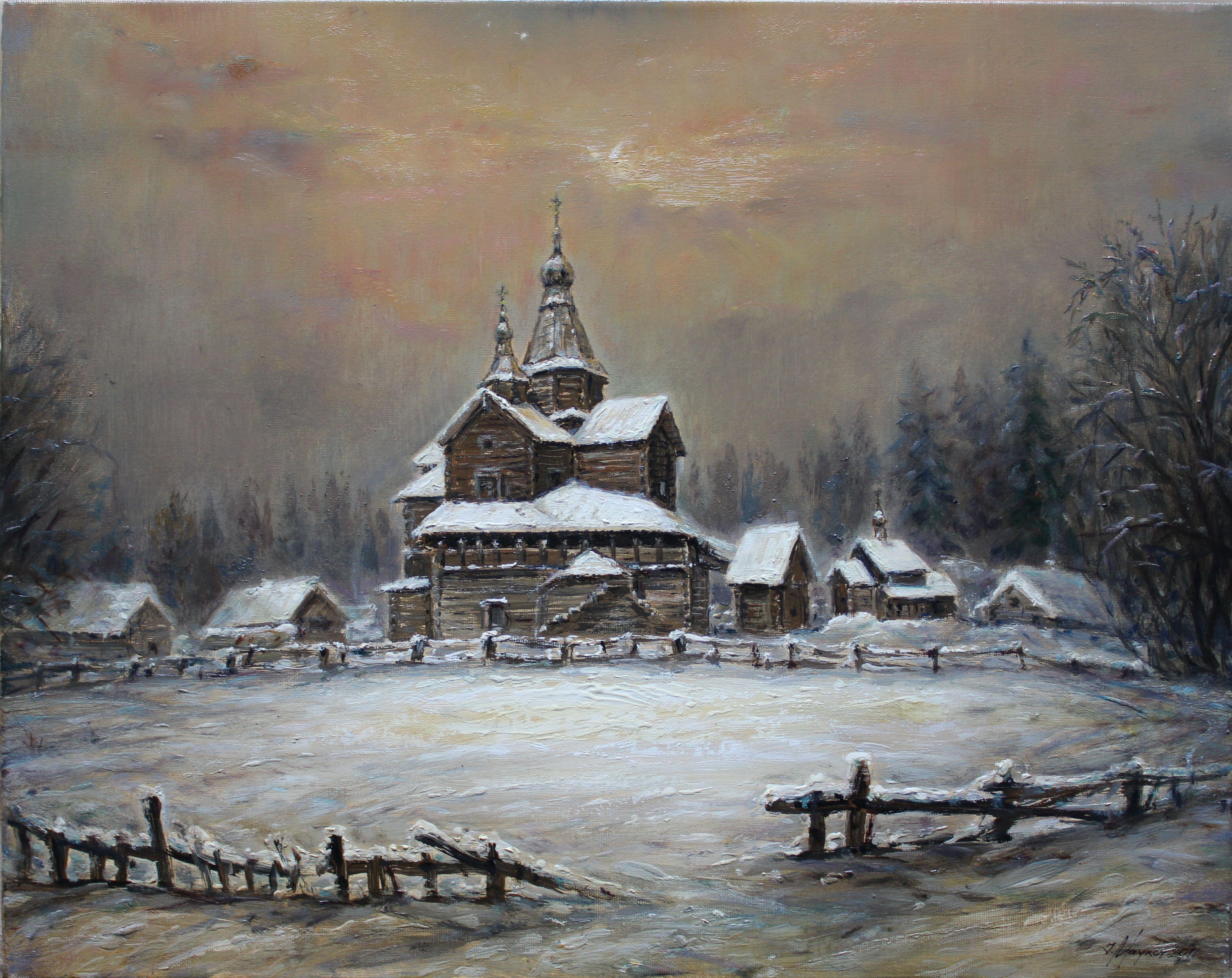 Igor Maikov Landscape Painting - Winter evening. Church  2011. Oil on canvas. 40x50 cm