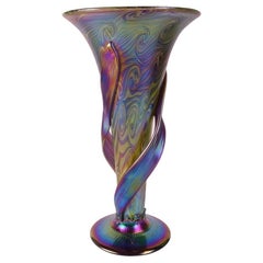 Igor Muller Bohemian Art Deco Loetz Style Art Glass Vase - Applied Leaf Design
