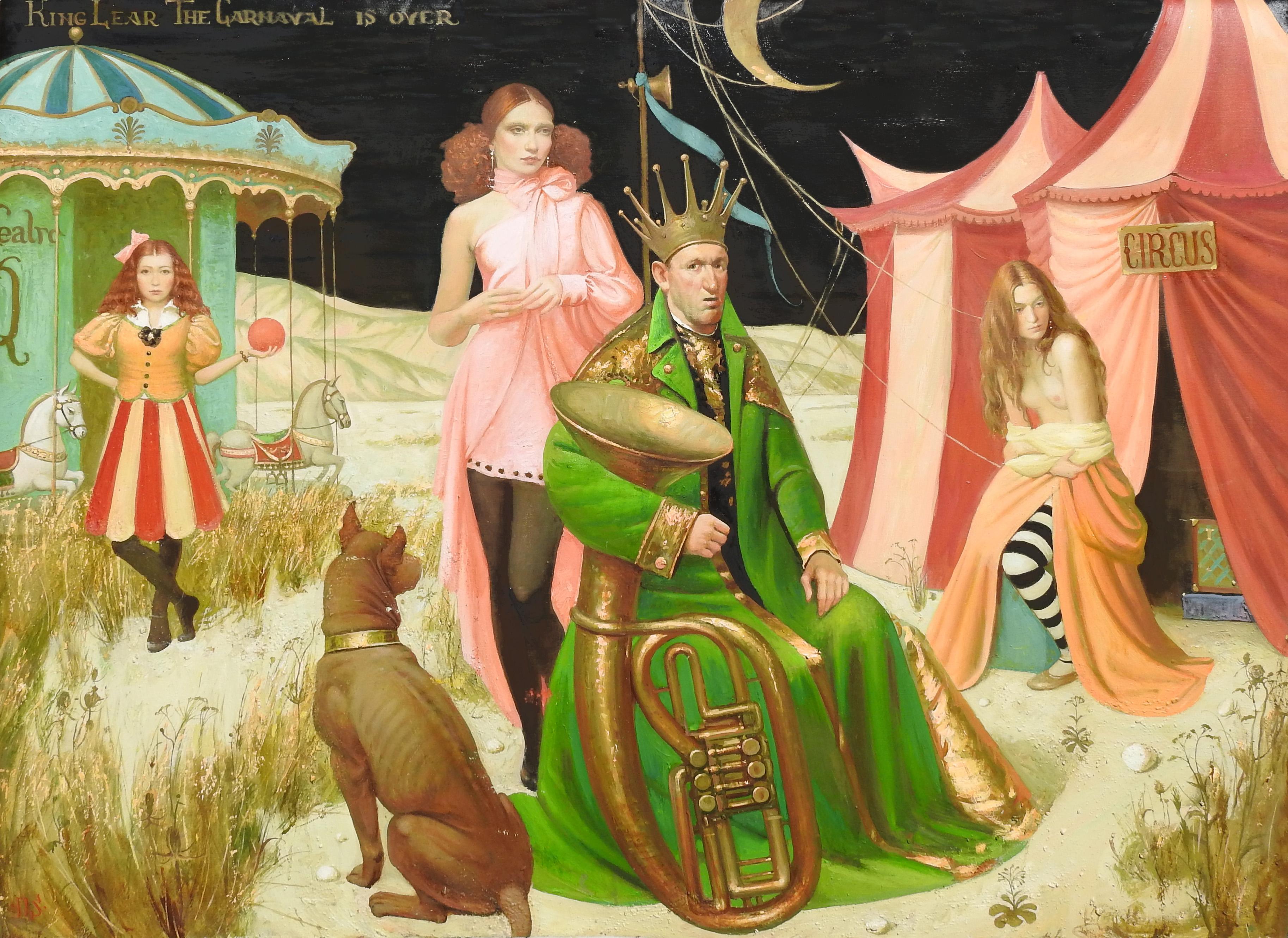 "Der Karneval ist vorbei: Night, King Lear" von Igor Samsonov ist ein Gemälde in Öl auf Leinwand mit den Maßen 45,5x59 und ist ein erstklassiges, farbenfrohes Beispiel für figurativen Surrealismus in seiner schönsten Form. Seine tiefblaue und