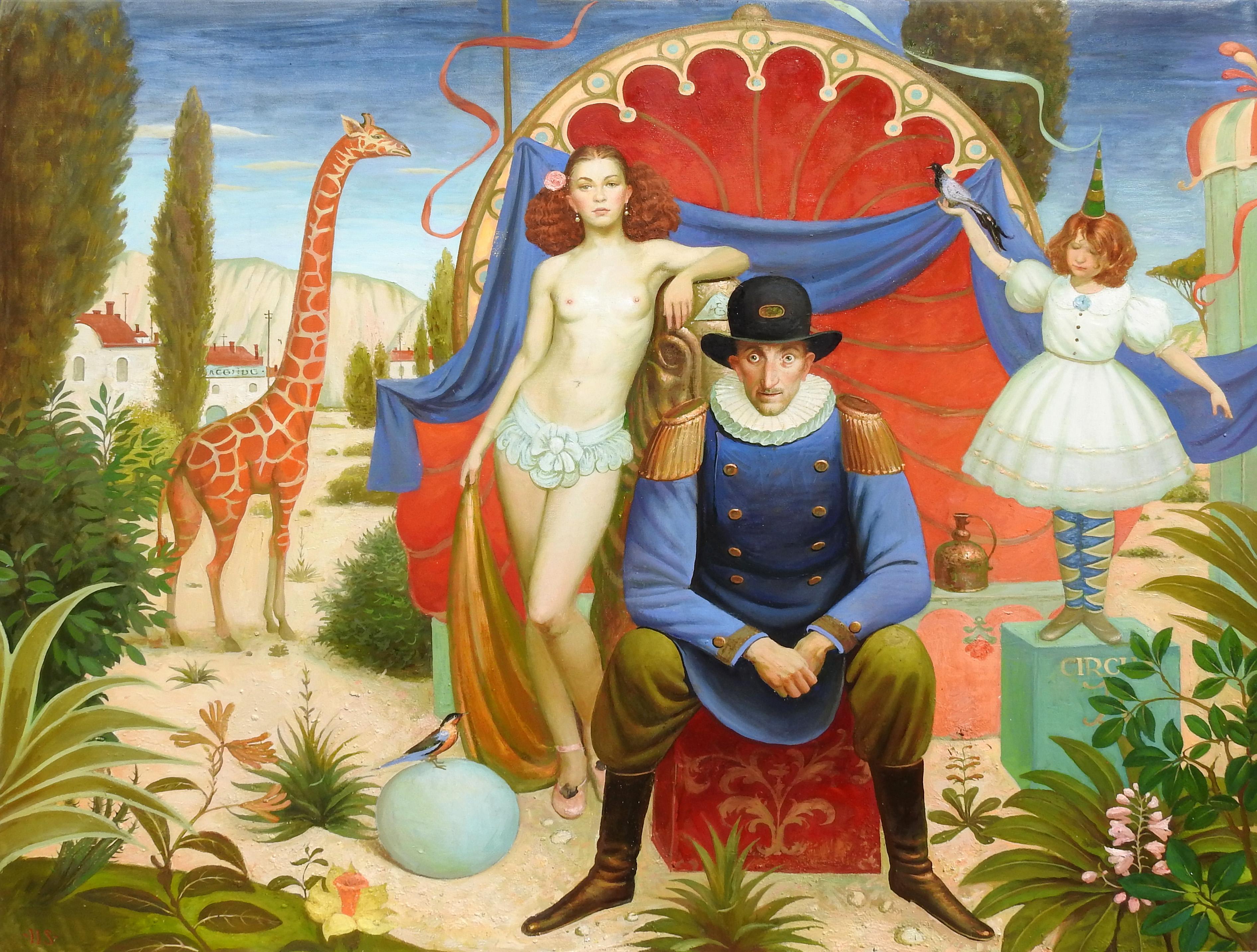 "The Carnival is Over: Afternoon" by Igor Samsonov is an Oil on Canvas painting measuring 47.5x54.5 and is a prime colorful example of figurative surrealism at its finest. His deep blue and orange color pallet helps set the mood of the story he is