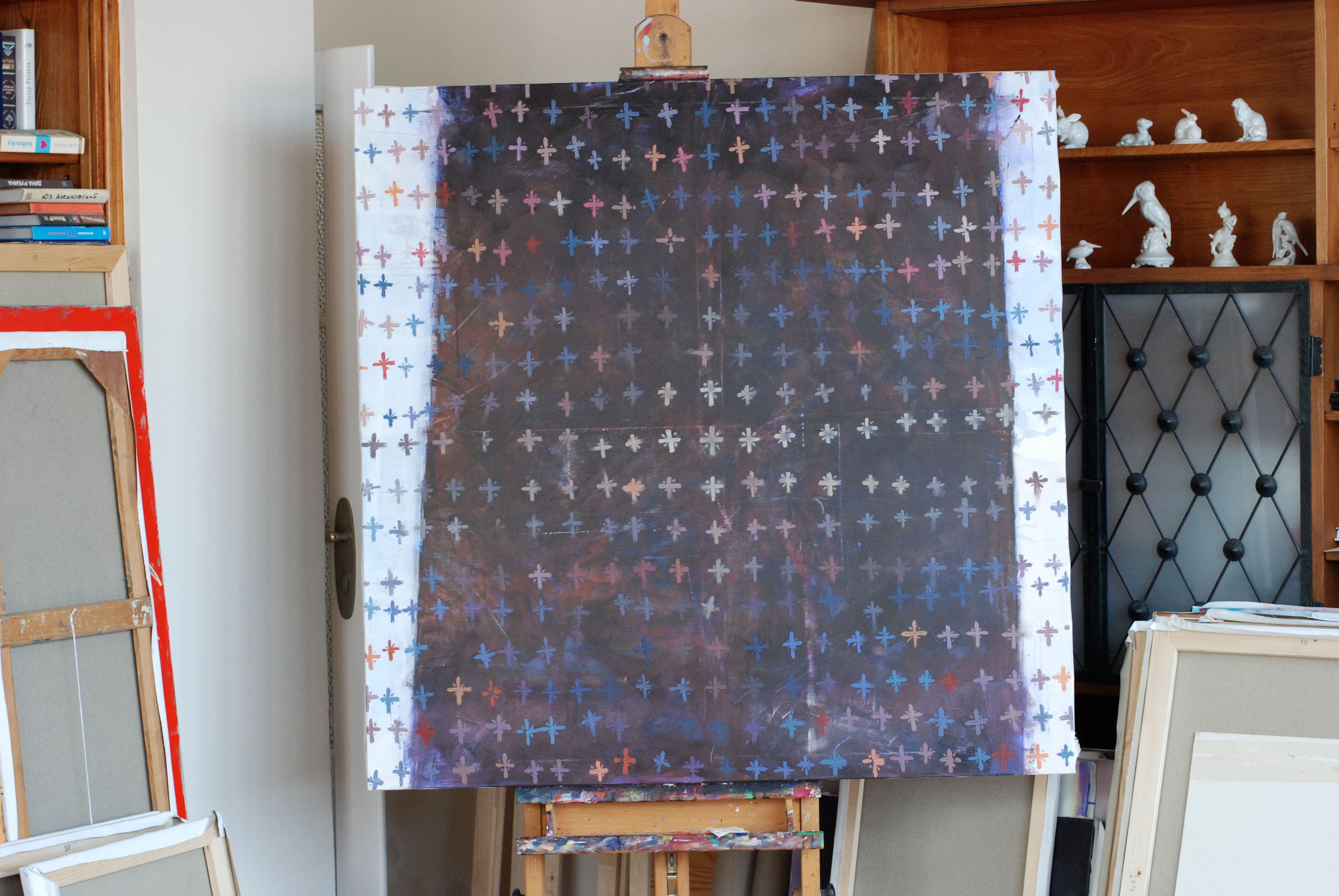 Complex solutions to a simple situation., Painting, Oil on Canvas - Black Abstract Painting by Igor Shulman