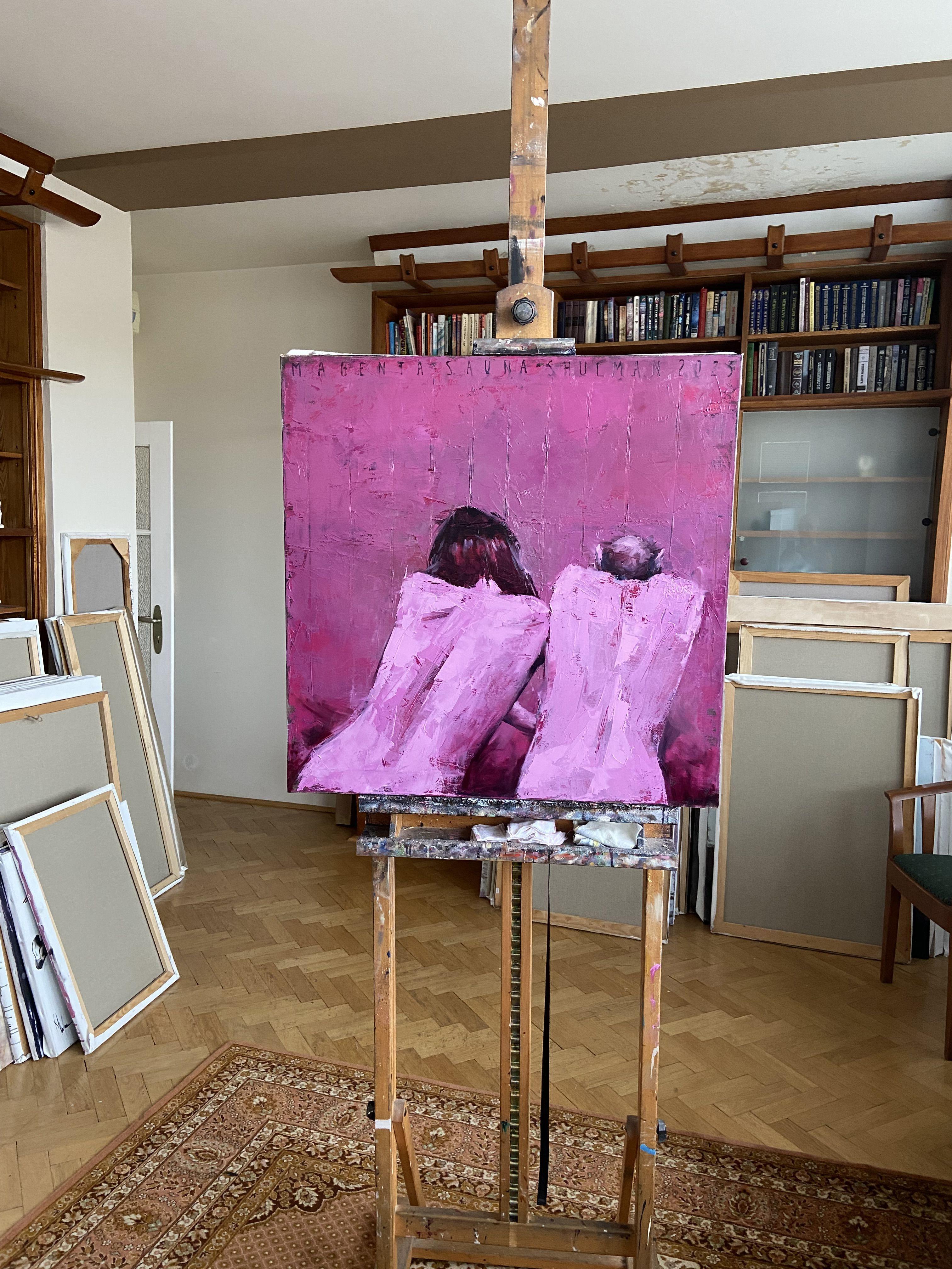 magenta sauna., Painting, Oil on Canvas For Sale 1
