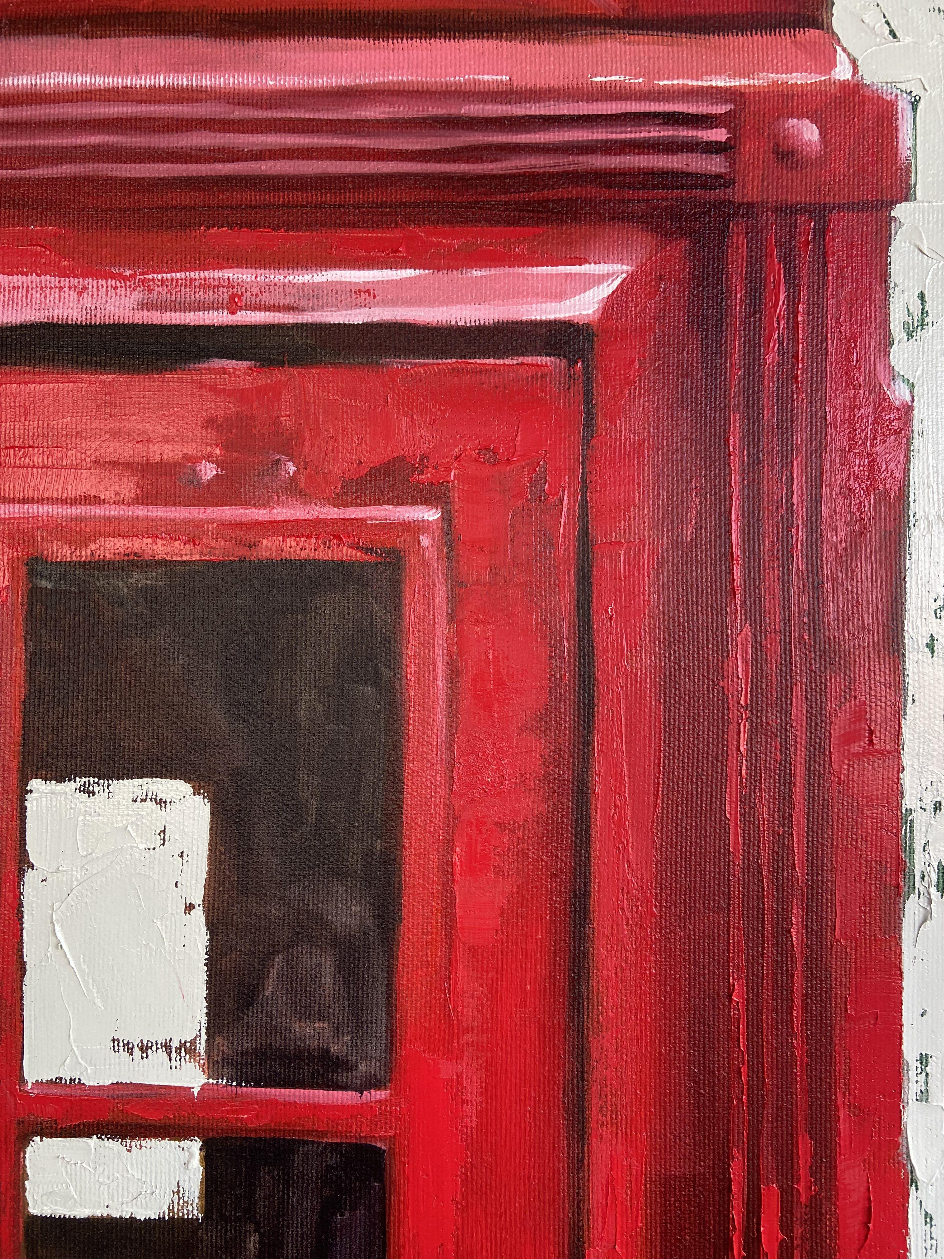 Red phone booth., Painting, Oil on Canvas For Sale 1