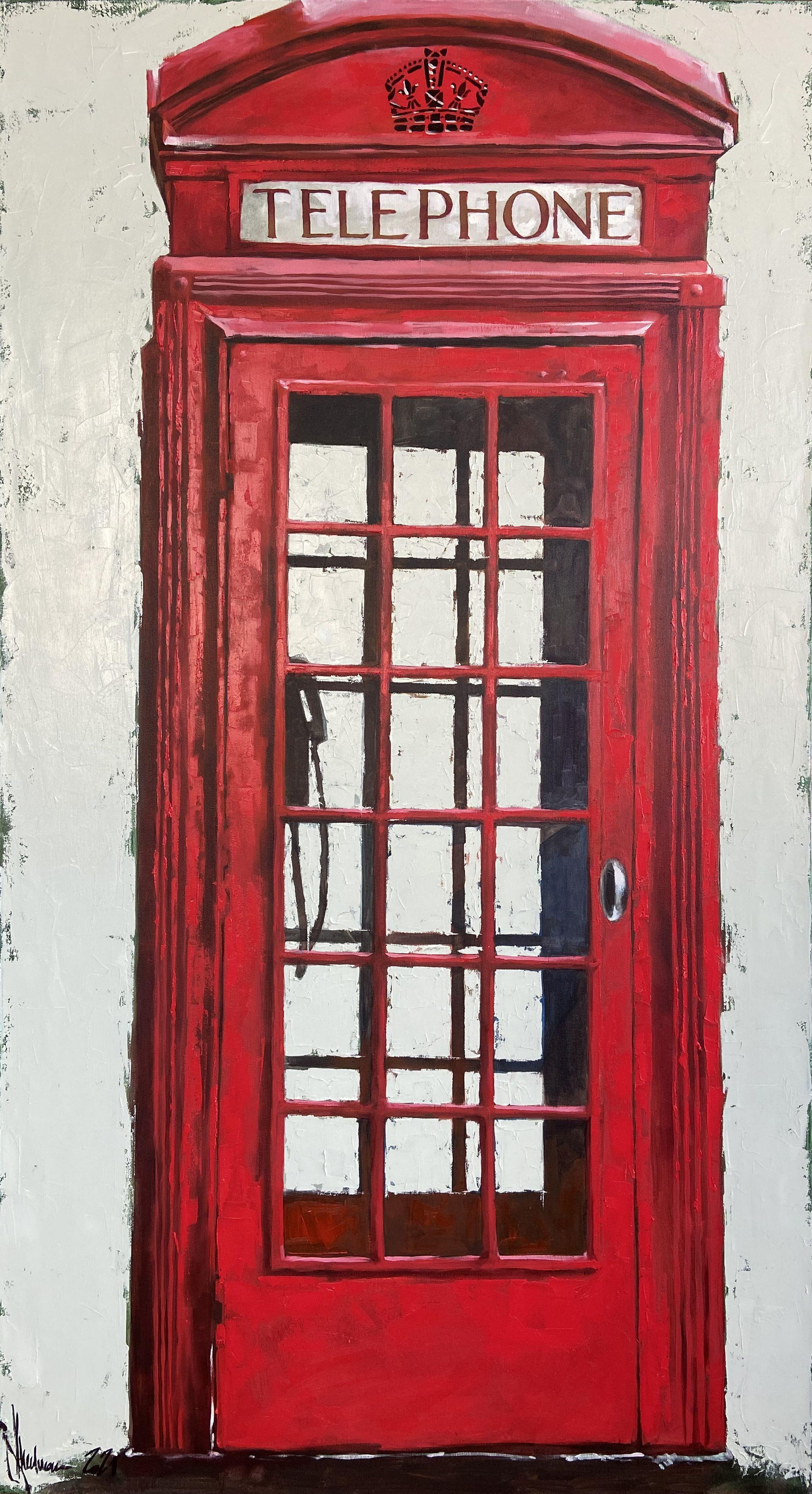 Red phone booth., Painting, Oil on Canvas