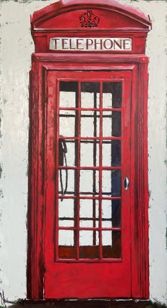 Roter Telefonständer., Gemälde, Öl auf Leinwand