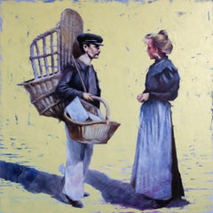 Paniers de vendeurs., peinture, huile sur toile