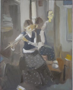 « Dans le miroir avec la flûte », musique, petite fille, flûte, cm. 80 x 100 Huile 2009