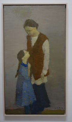 Mère et fille, famille, XXIe siècle, figuratif     Huile  95 cm x 51 cm