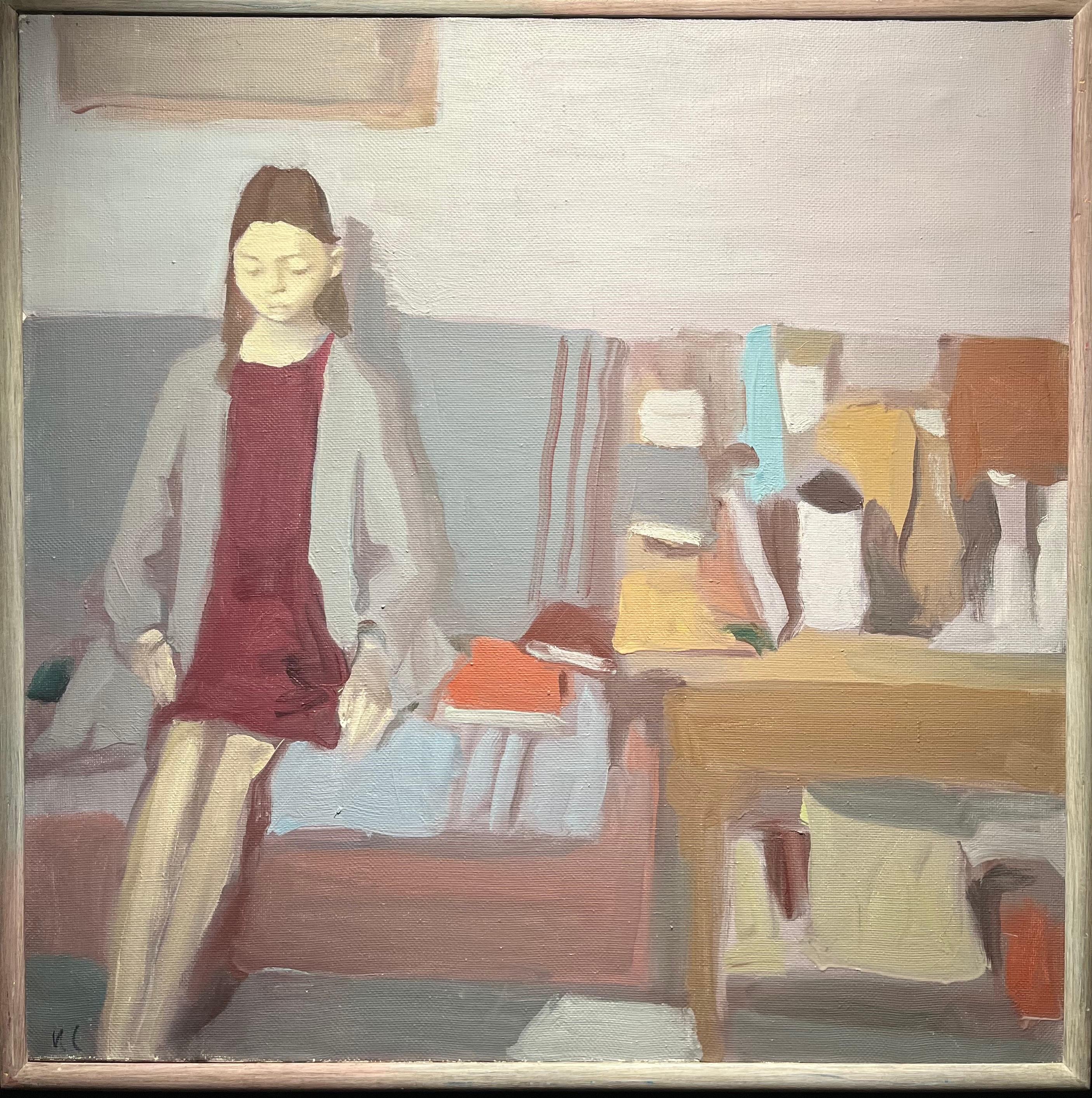 Igor SMEKALOV Interior Painting – ""Interior with girl and still life" Grau, Blau Öl cm. 90 x 90 2019