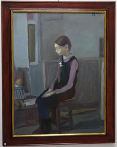  Kleines Mädchen und Puppe, blaue figurative Orenburg-Ölgemälde, 1965, 60 x 80 cm