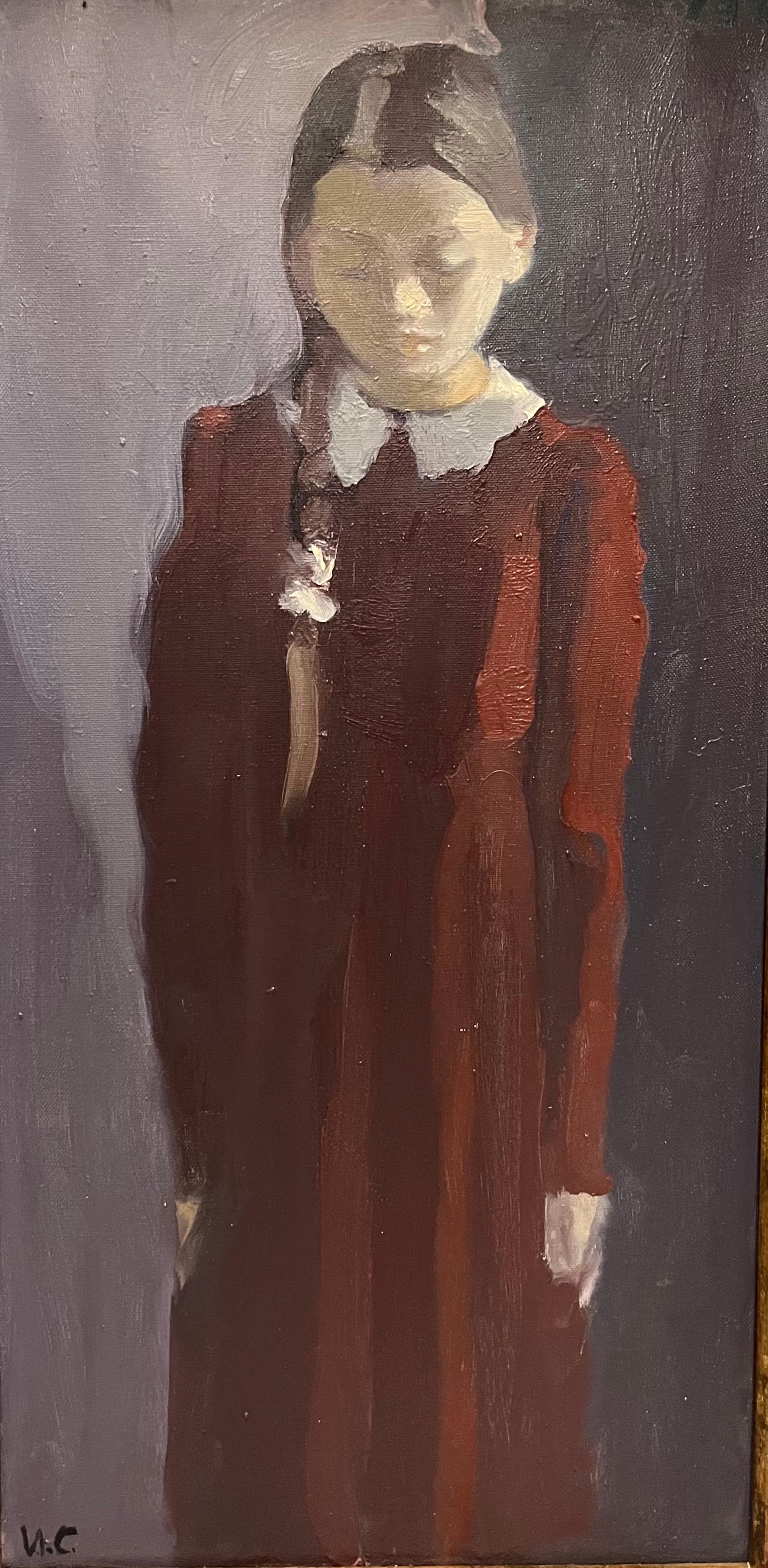 « Portrait d'une petite fille aux bordeaux », huile cm. 37 x 70 - Painting de Igor SMEKALOV