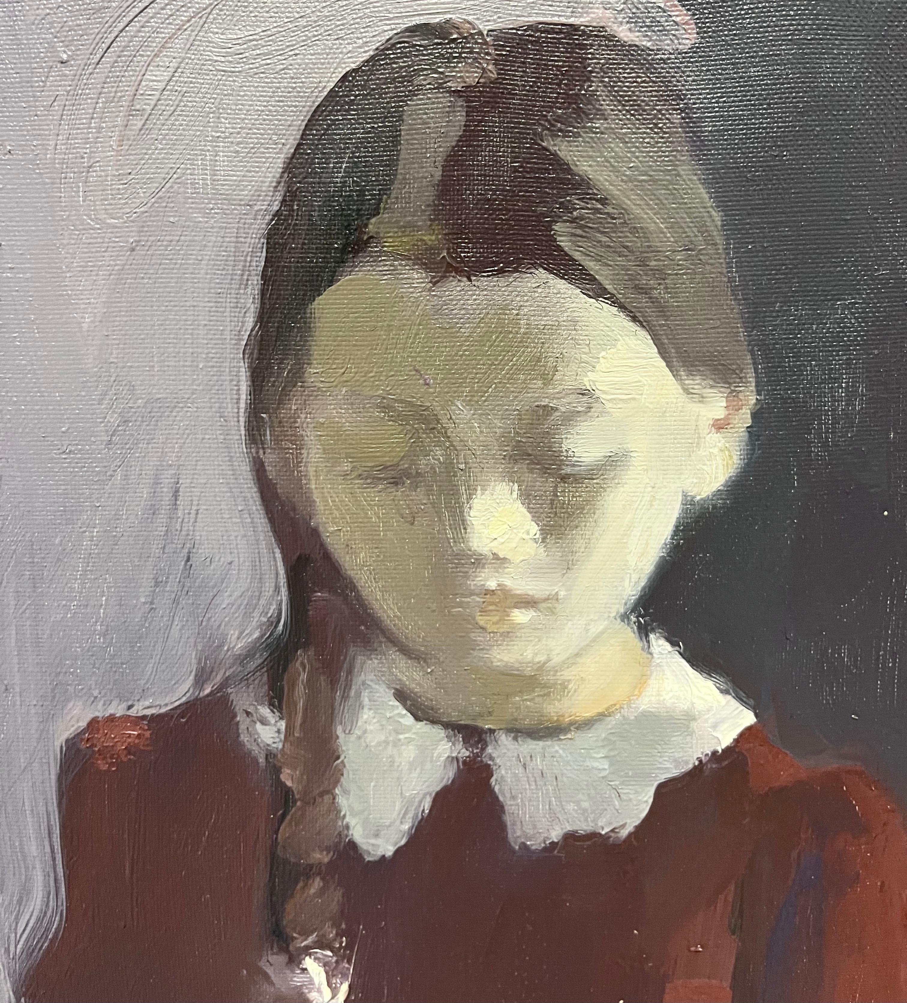 « Portrait d'une petite fille aux bordeaux », huile cm. 37 x 70 - Marron Figurative Painting par Igor SMEKALOV