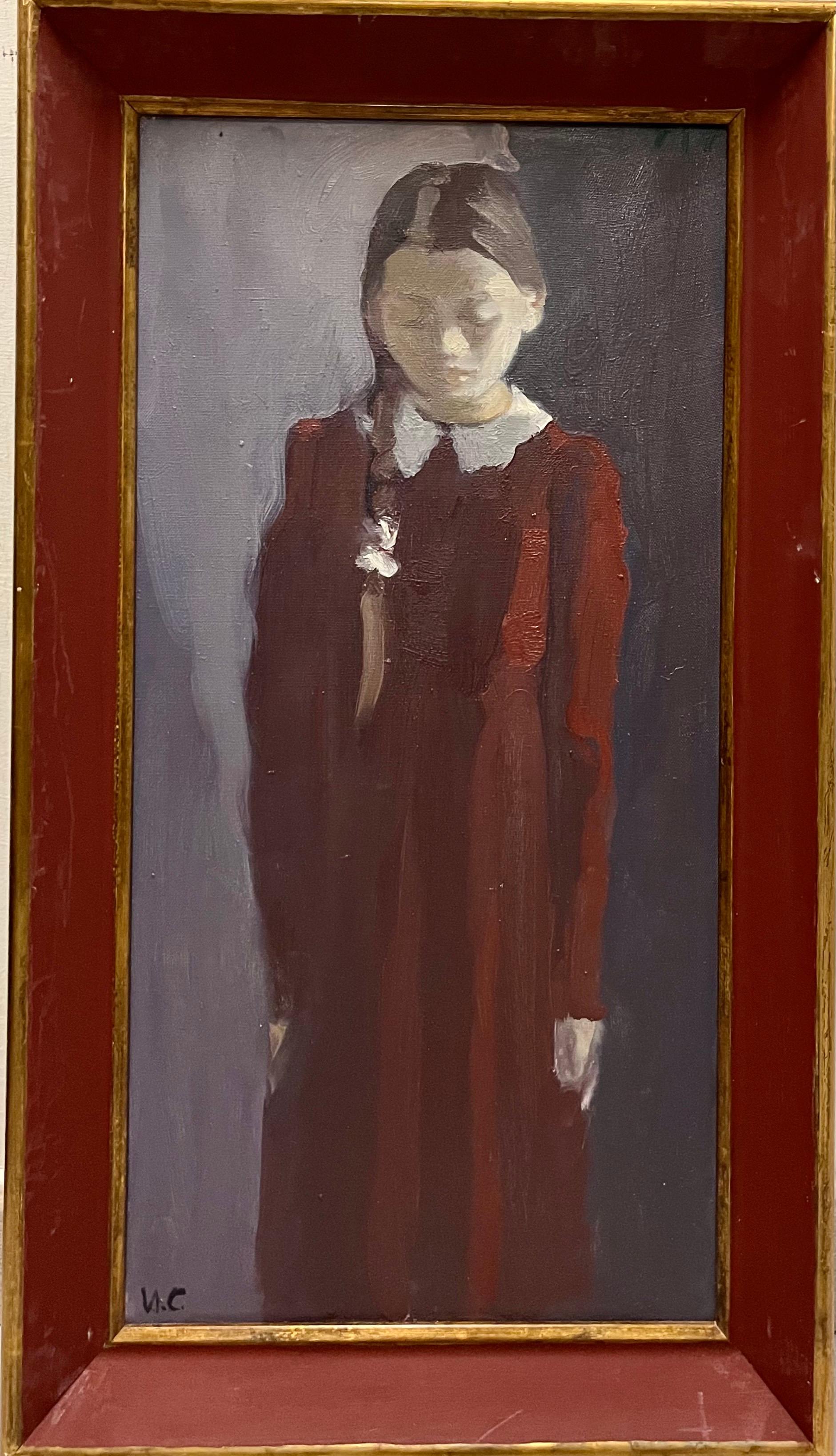 Igor SMEKALOV Figurative Painting - "Portrait of a little girl in bordeaux" Oil cm. 37 x 70