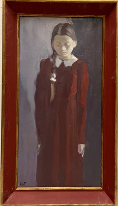 "Portrait of a little girl in bordeaux" Oil cm. 37 x 70