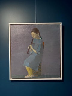 Portrait with Flute - 21st Century, Contemporary, Oil, Portrait Painting, Blue