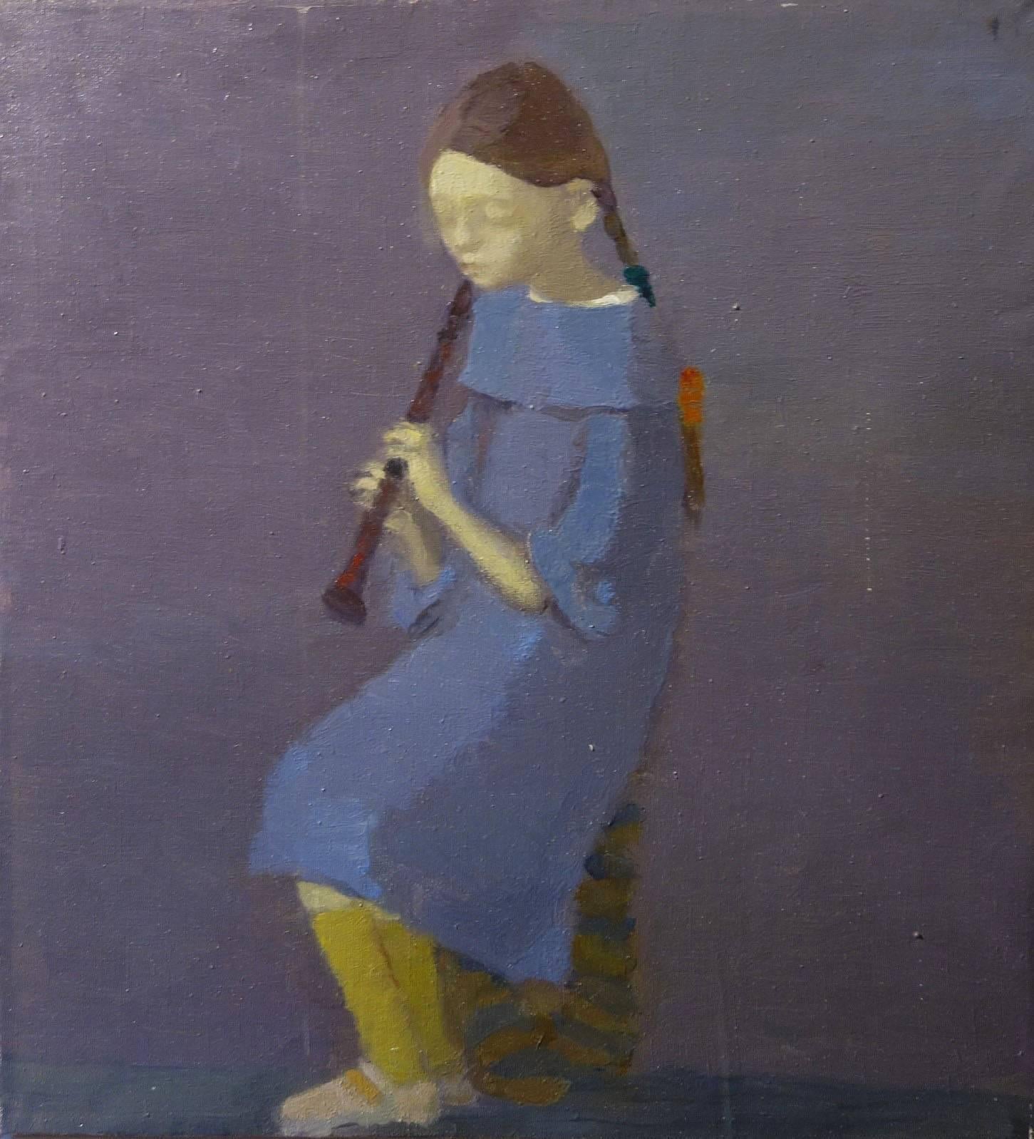 Portrait with Flute - 21st Century, Contemporary, Oil, Portrait Painting, Blue