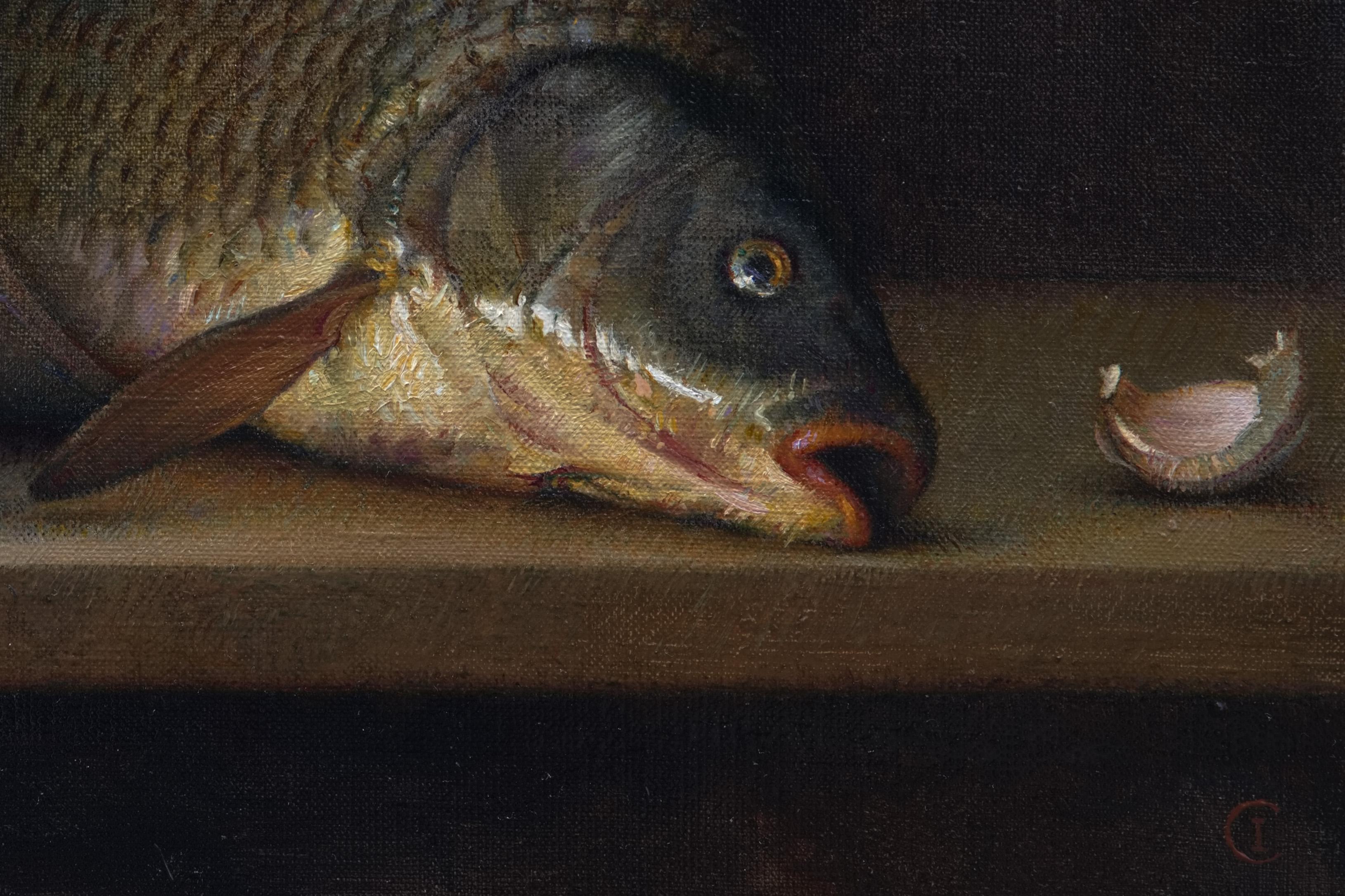 Fish with garlic - Realist Painting by Igor Sventitski