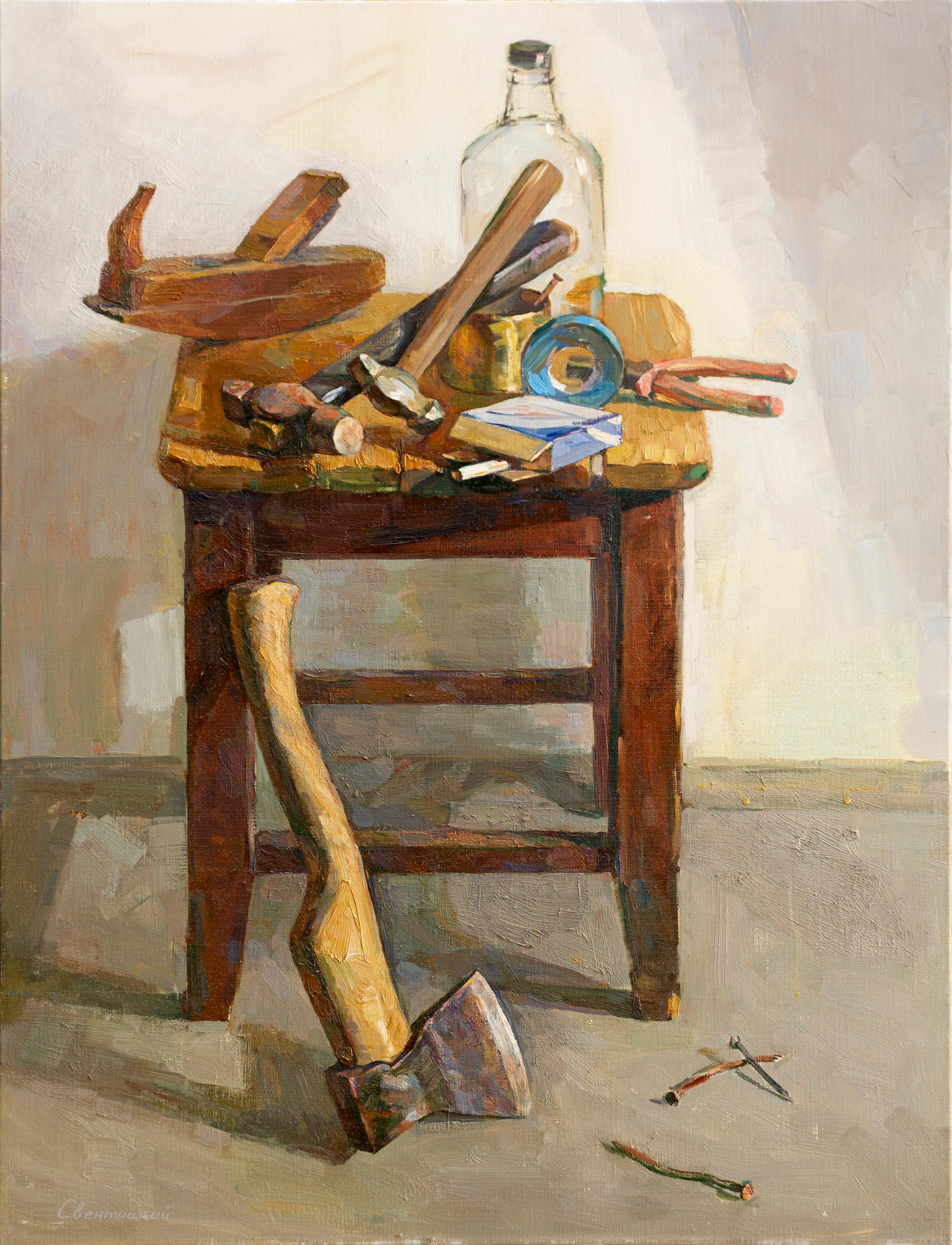 Dans un nouveau lieu, Nature morte contemporaine avec The Axe Peinture à l'huile d'Igor Sventitski