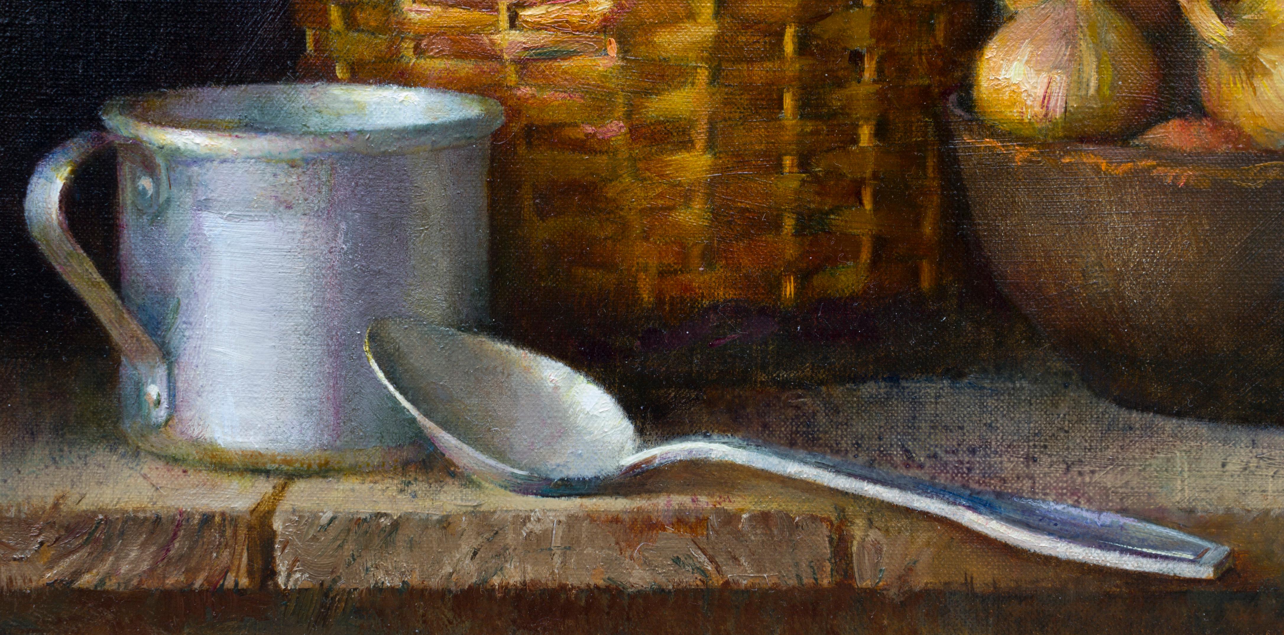 Stillleben mit Zwiebeln und heißen Pfeffern (Schwarz), Still-Life Painting, von Igor Sventitski