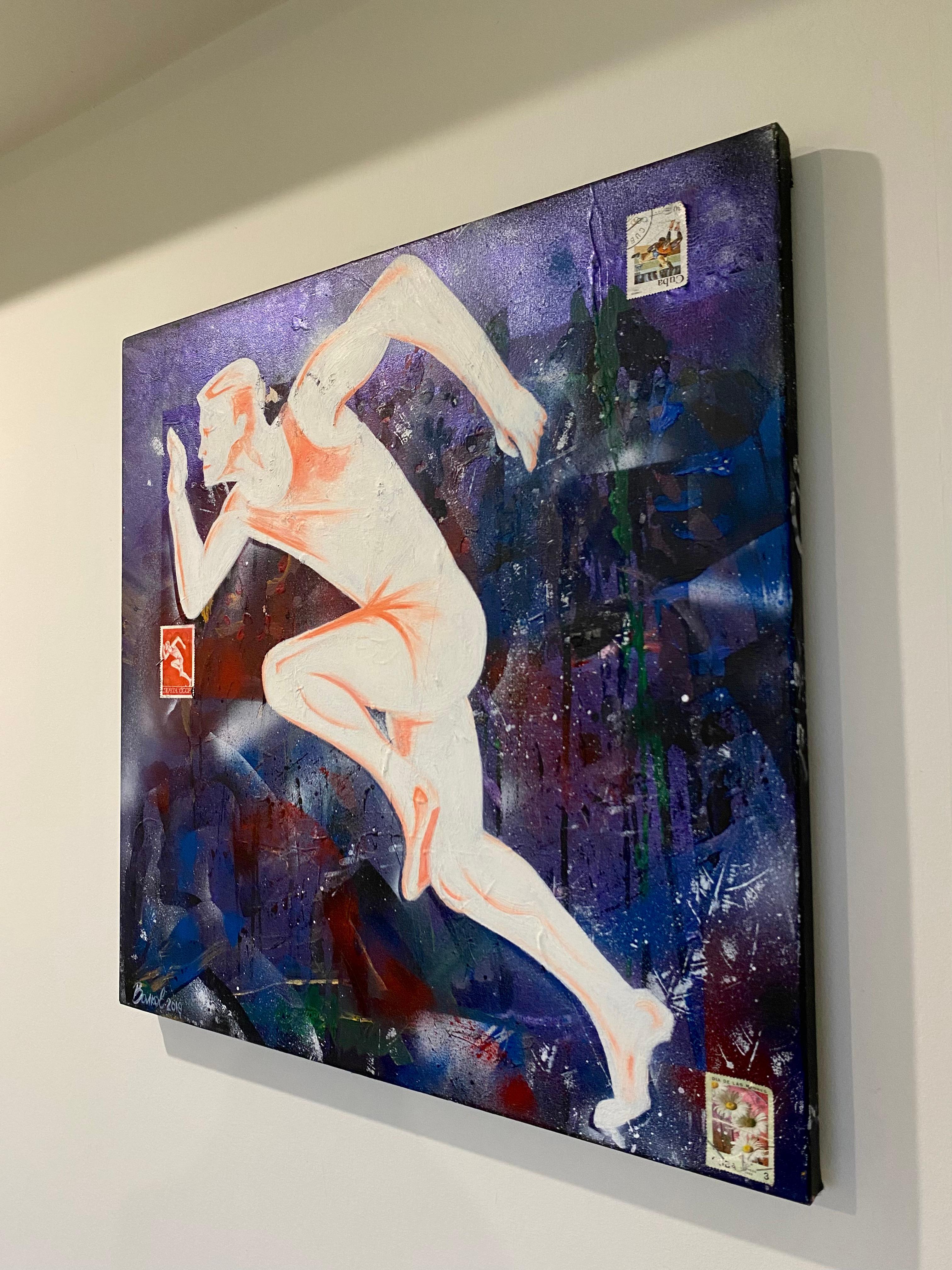 “A power of intention ” delves into the concept of focused determination and the power of intention, inspired by the dynamic image of a Soviet-era athlete in motion from a postage stamp. The athlete’s energetic pose symbolizes not only physical