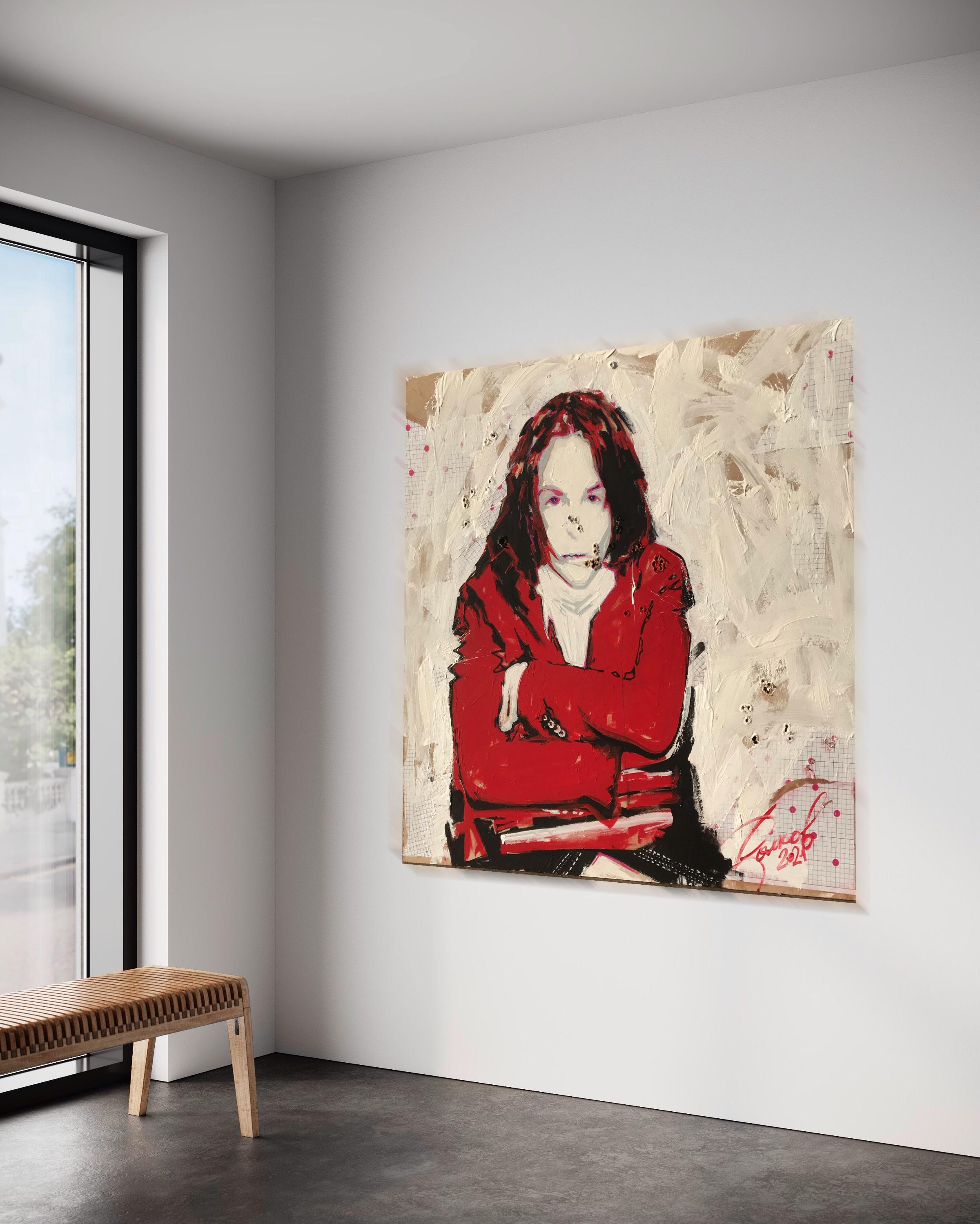 This compelling artwork features a wooden target, marked with bullet holes from an AK-47, transformed into a dramatic canvas. The painting depicts a self-portrait in a vibrant red coat, created with an expressive technique that integrates collage