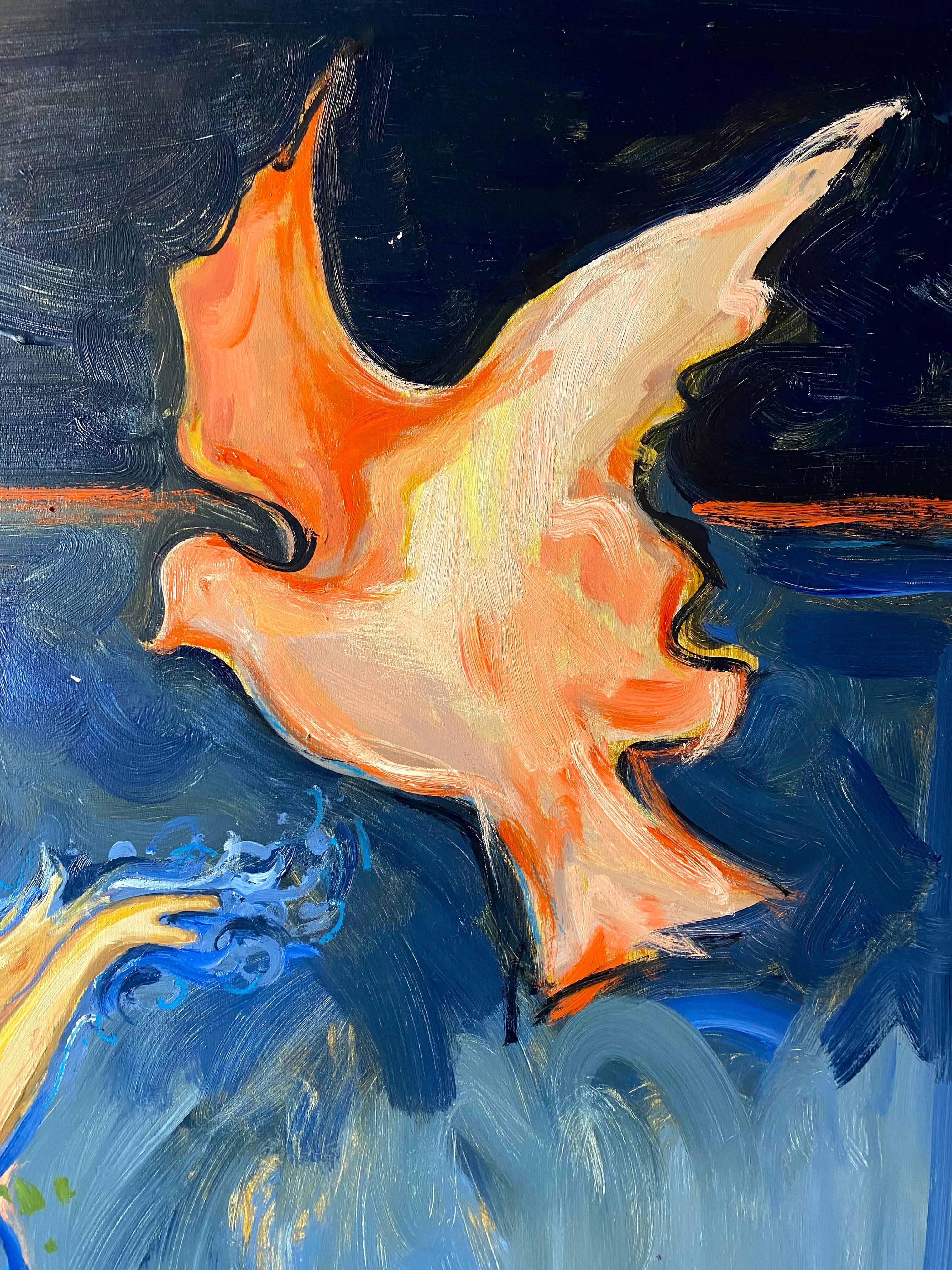 Dieses mystische Gemälde zeigt eine in sanftes Blau gekleidete geliebte Figur, die ein inneres Licht ausstrahlt, das die sie umgebenden Blumen zu erwecken und zum Blühen zu bringen scheint. Die kontrastreiche Landschaft verstärkt den Eindruck von