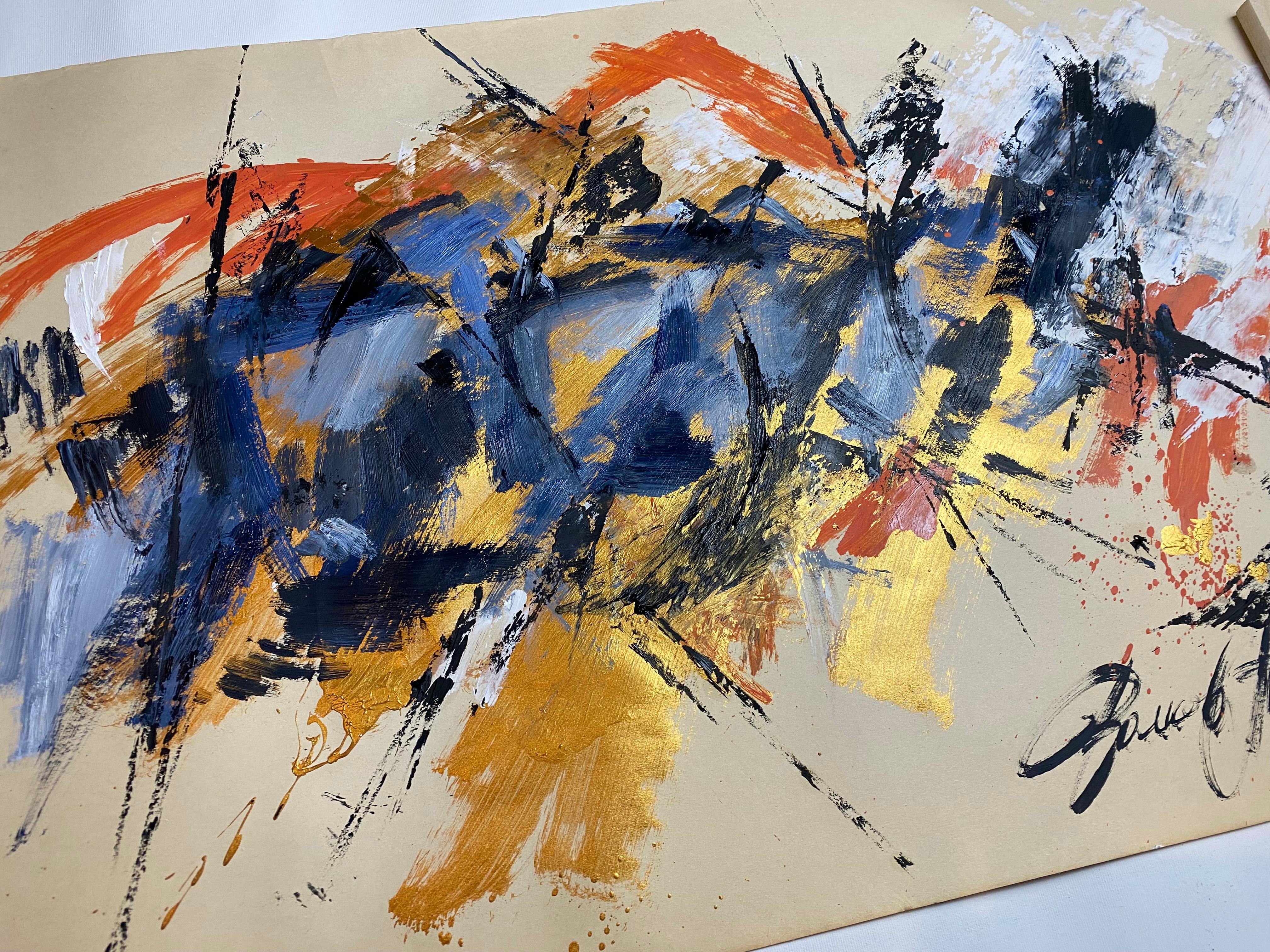 This abstract painting explores the tension and harmony between gold, black, and grey, creating a powerful play of contrast and energy. The composition evokes the spirit of calligraphy and Eastern art, where every gesture feels both spontaneous and