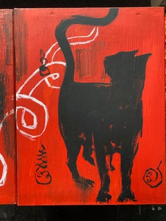 "Diptych Cobra and a Black cat on red"