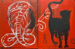 "Diptych Cobra and a Black cat on red"