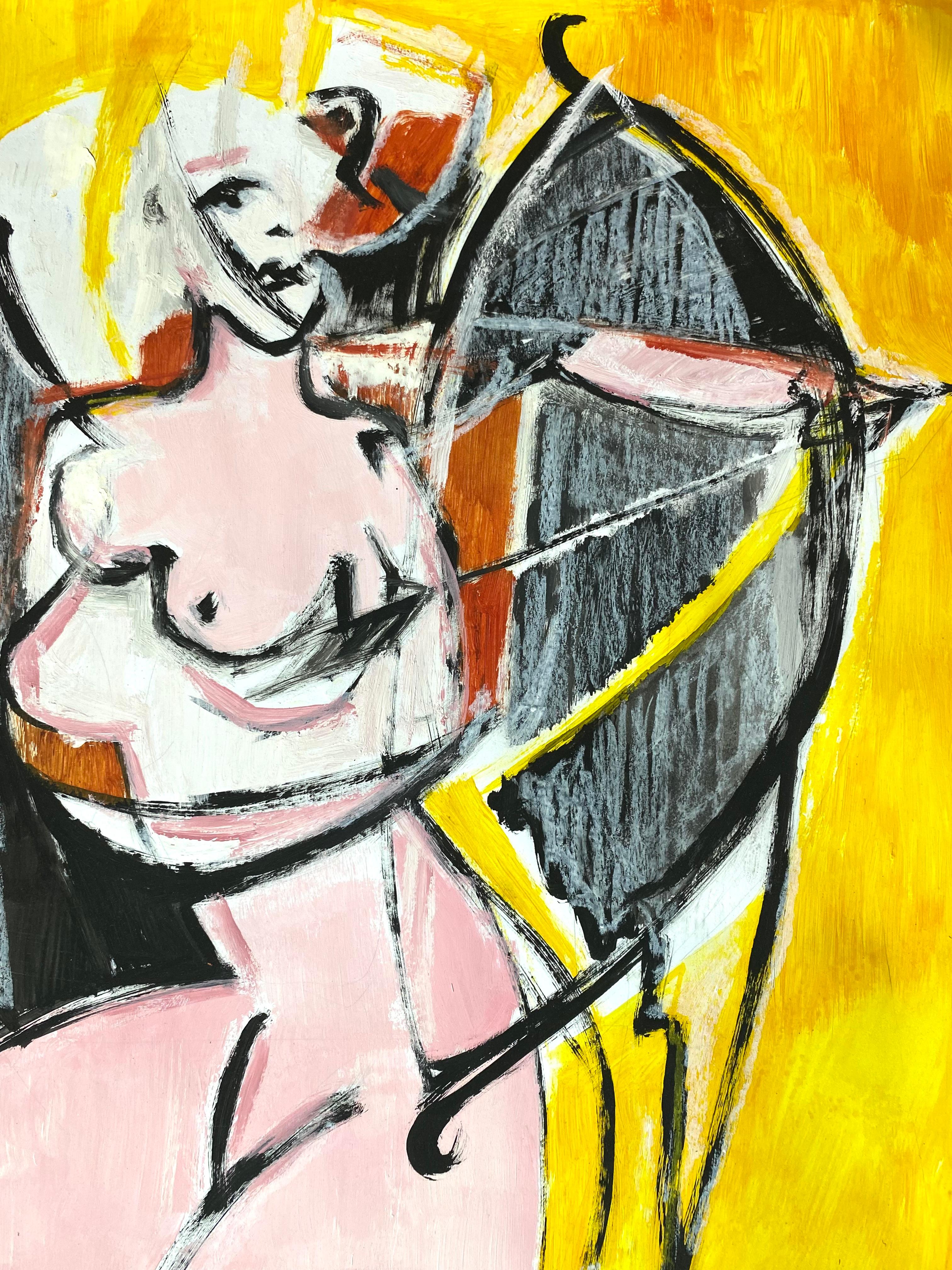 Igor Volkov-Tkachinskys Diptychon zeigt eine ausdrucksstarke Abstraktion weiblicher Figuren in Form von Engeln - ätherische Wesen, die in Bewegung festgehalten werden. Die in kräftigen Schwarz-Gelb-Rosa-Kontrasten ausgeführte Komposition vibriert