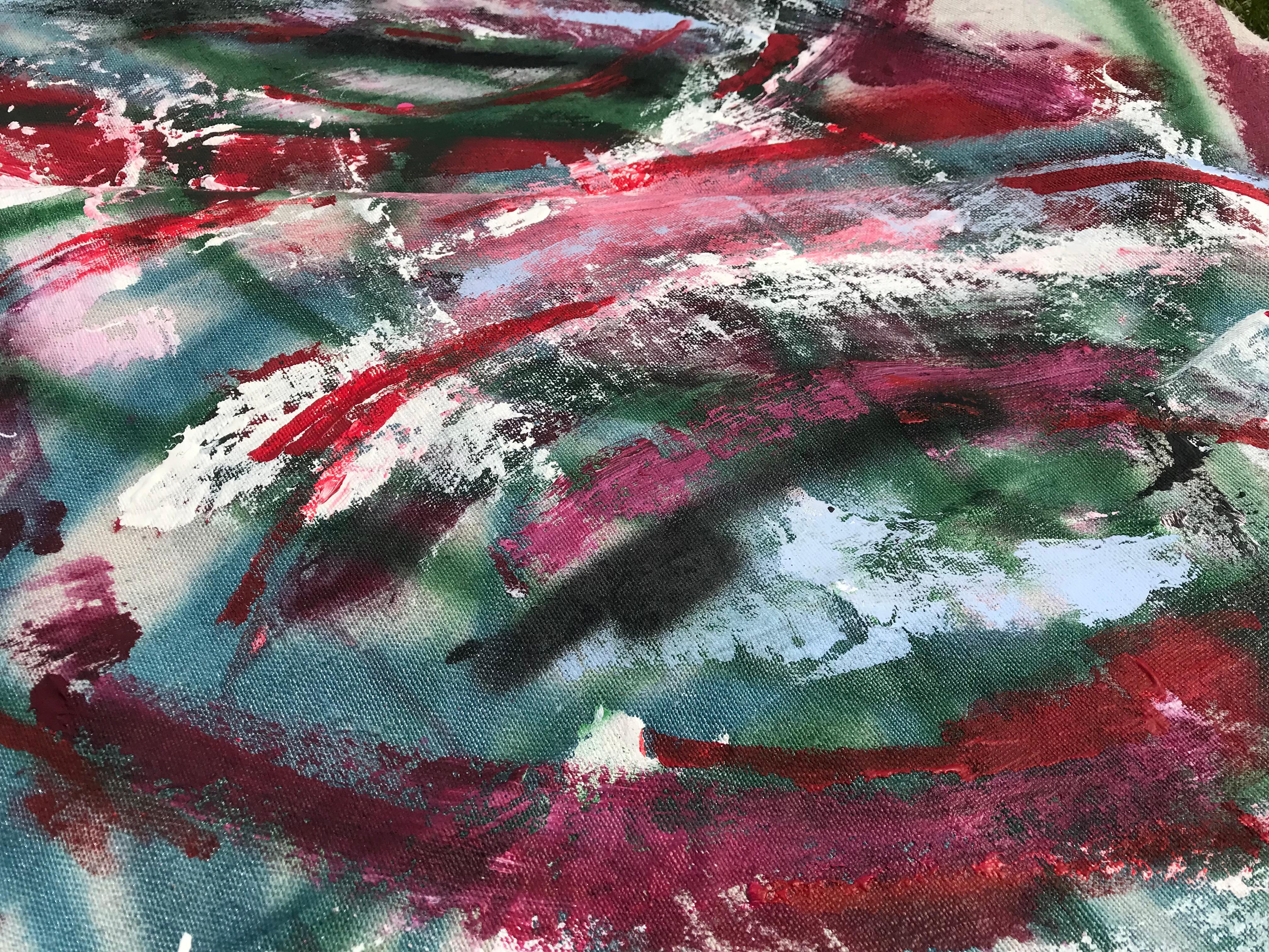 This dynamic composition was created in 2022, before the war, in the artist’s studio in Kyiv, Ukraine, on a linen canvas from the 1960s. The use of this vintage material adds a layer of history and depth to the artwork, enhancing its emotional
