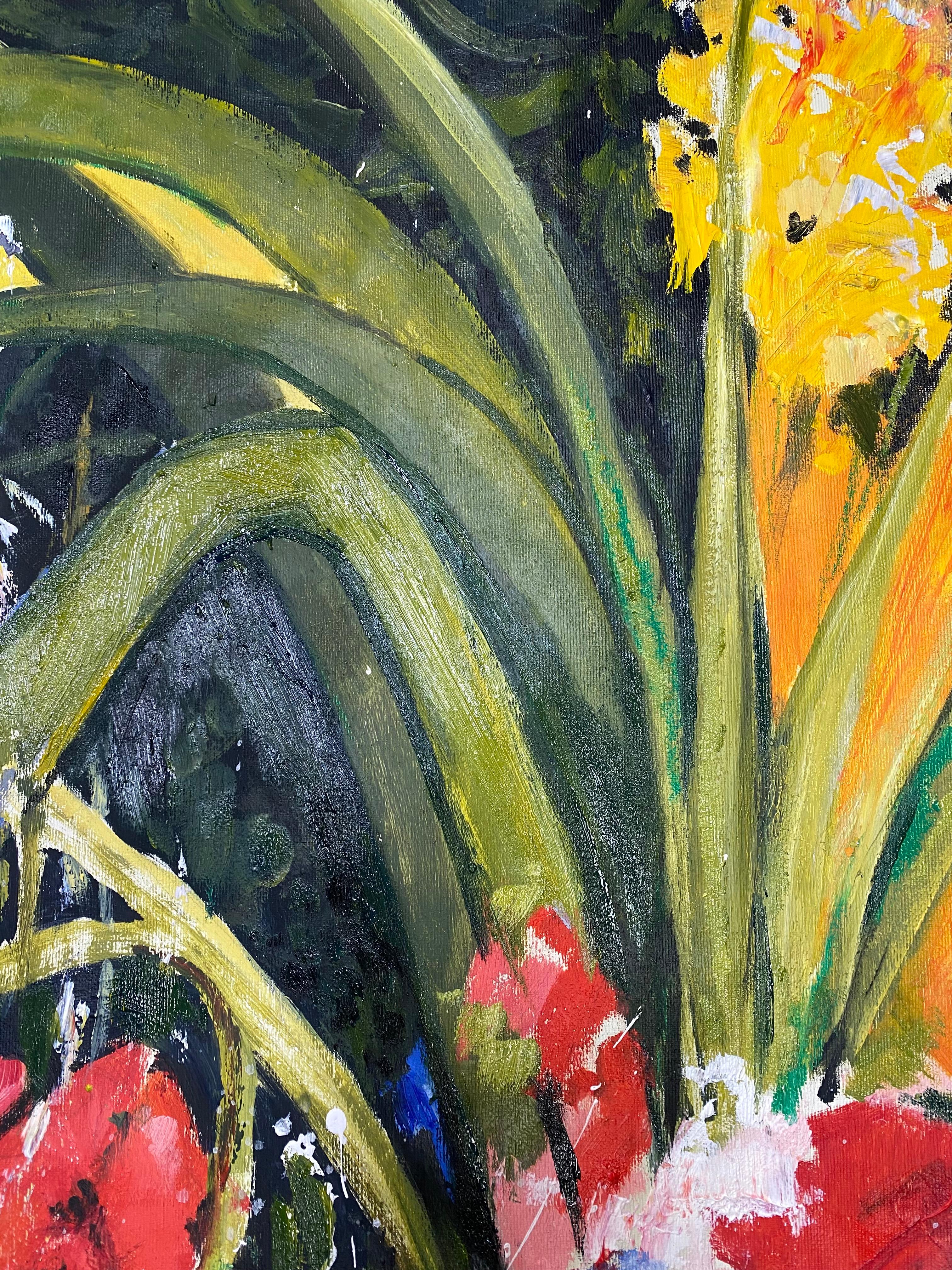 Created during a lunar eclipse, this painting carries the intensity and mystery of that celestial event. Executed in oil on canvas with expressive techniques, the work depicts lush greenery where red flowers seem to dissolve into the surrounding