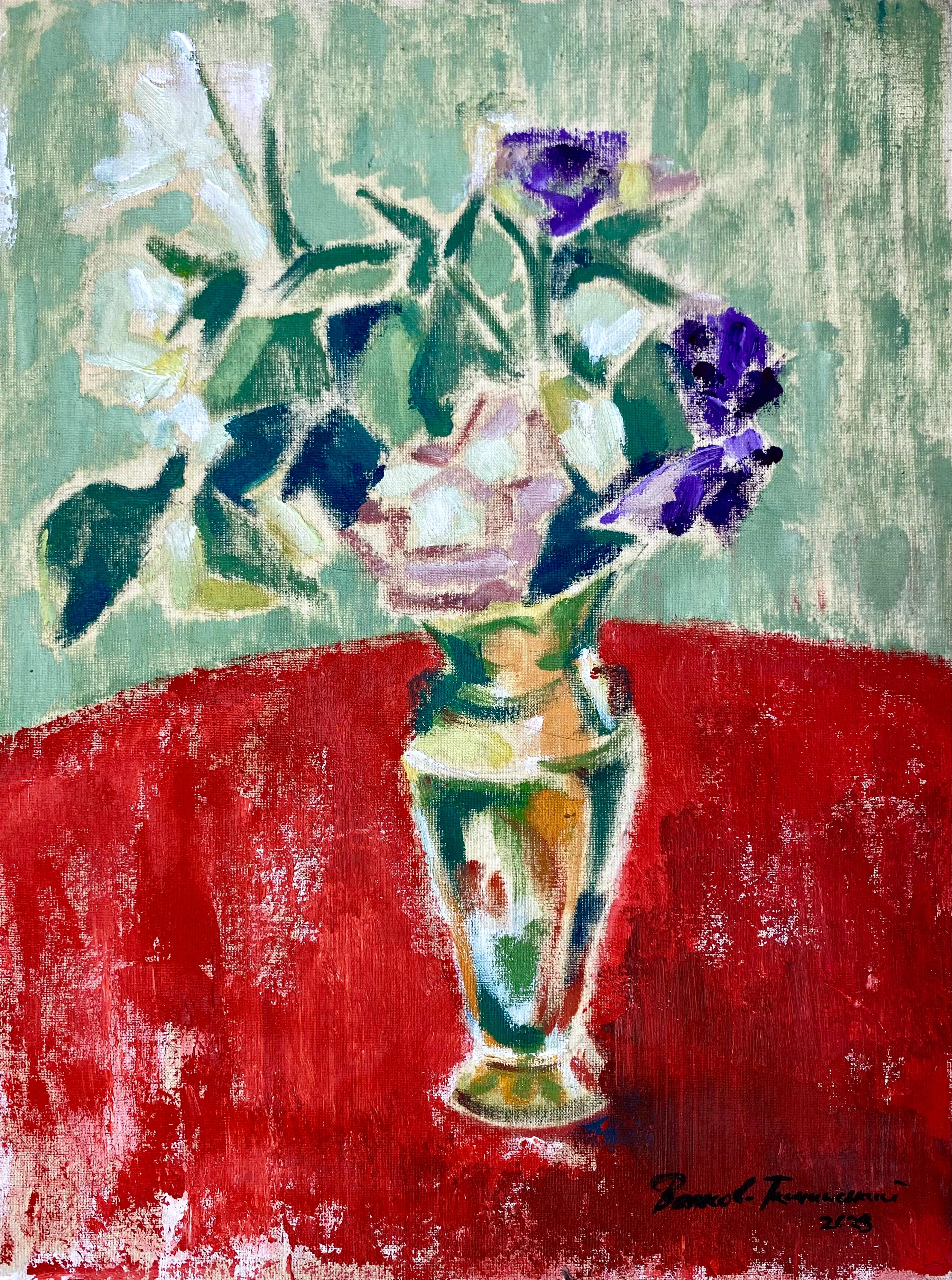Igor Volkov-Tkachinskiy Abstract Painting – „Flowers in der japanischen Vase mit rotem Gefühl“
