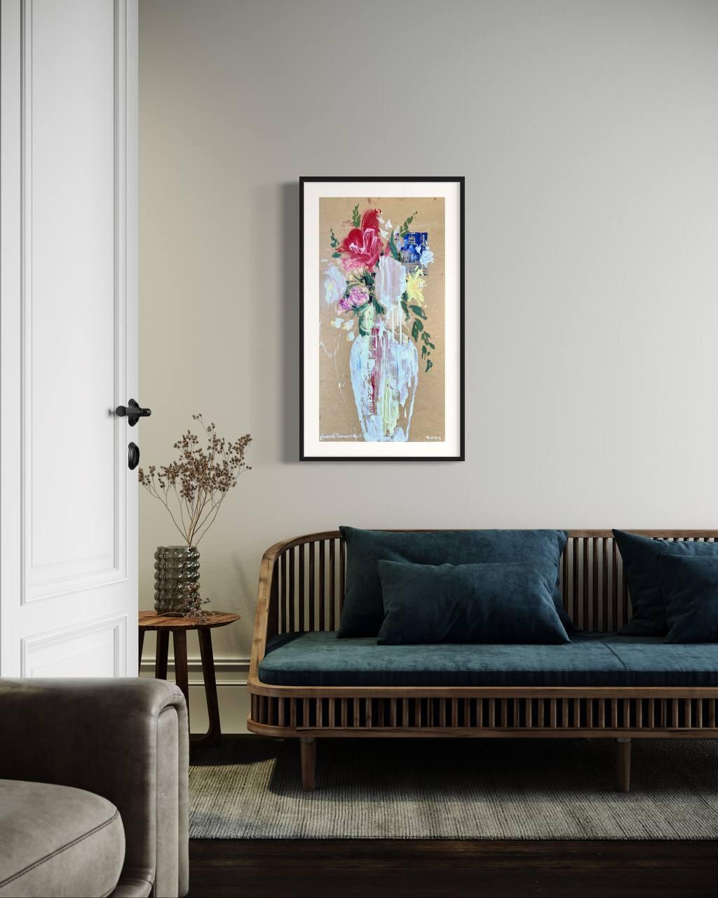 Die Blumenserie zeigt ein klassisches Motiv mit einem subtilen Augenmerk auf die subtile Bewegung und den Rhythmus der Flora, mit Hilfe von Farbe, abstrakter Vision und ausdrucksstarker Handschrift des Künstlers. Inspiriert von der östlichen