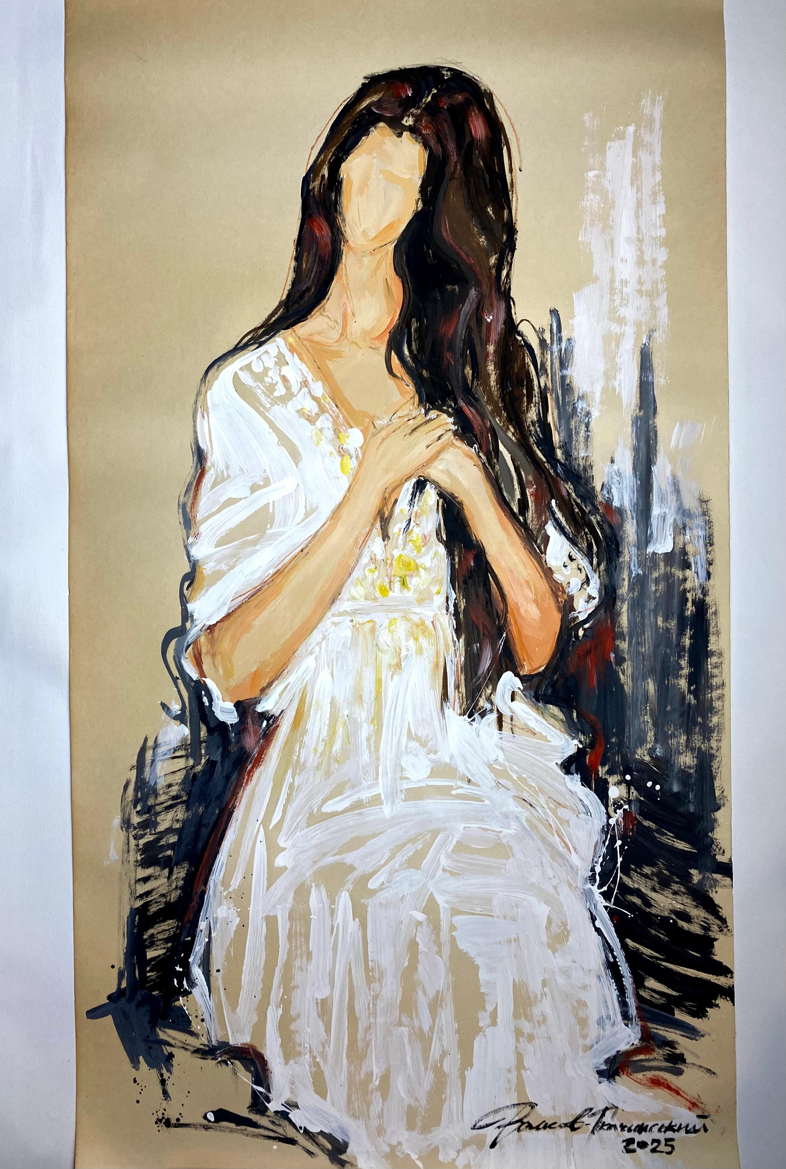 "Kateryna" - une représentation de l'amour capturée dans un geste calme et sincère : une femme en armure blanche porte ses mains près de son cœur. L'œuvre est créée de manière expressive sur du papier jaunâtre, laissant intentionnellement