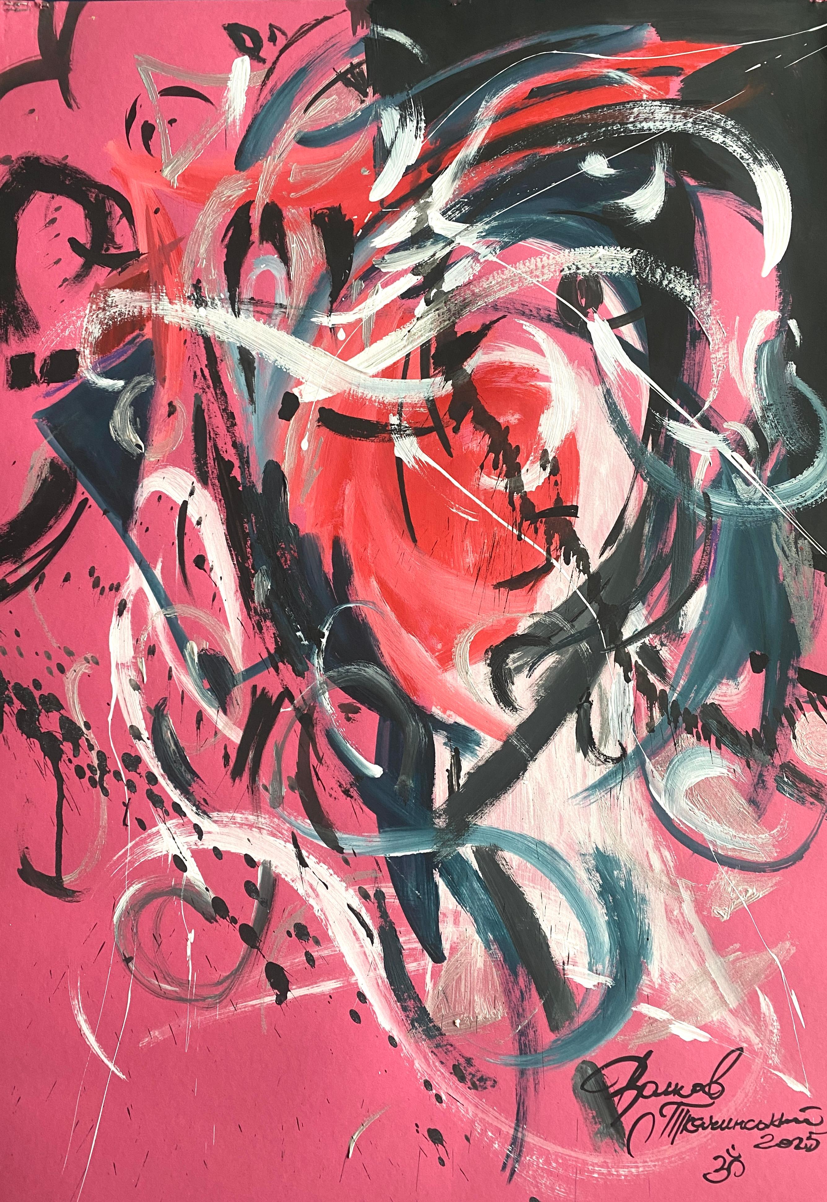 Igor Volkov-Tkachinskiy Abstract Painting - "Intense pink with silver abstraction"
