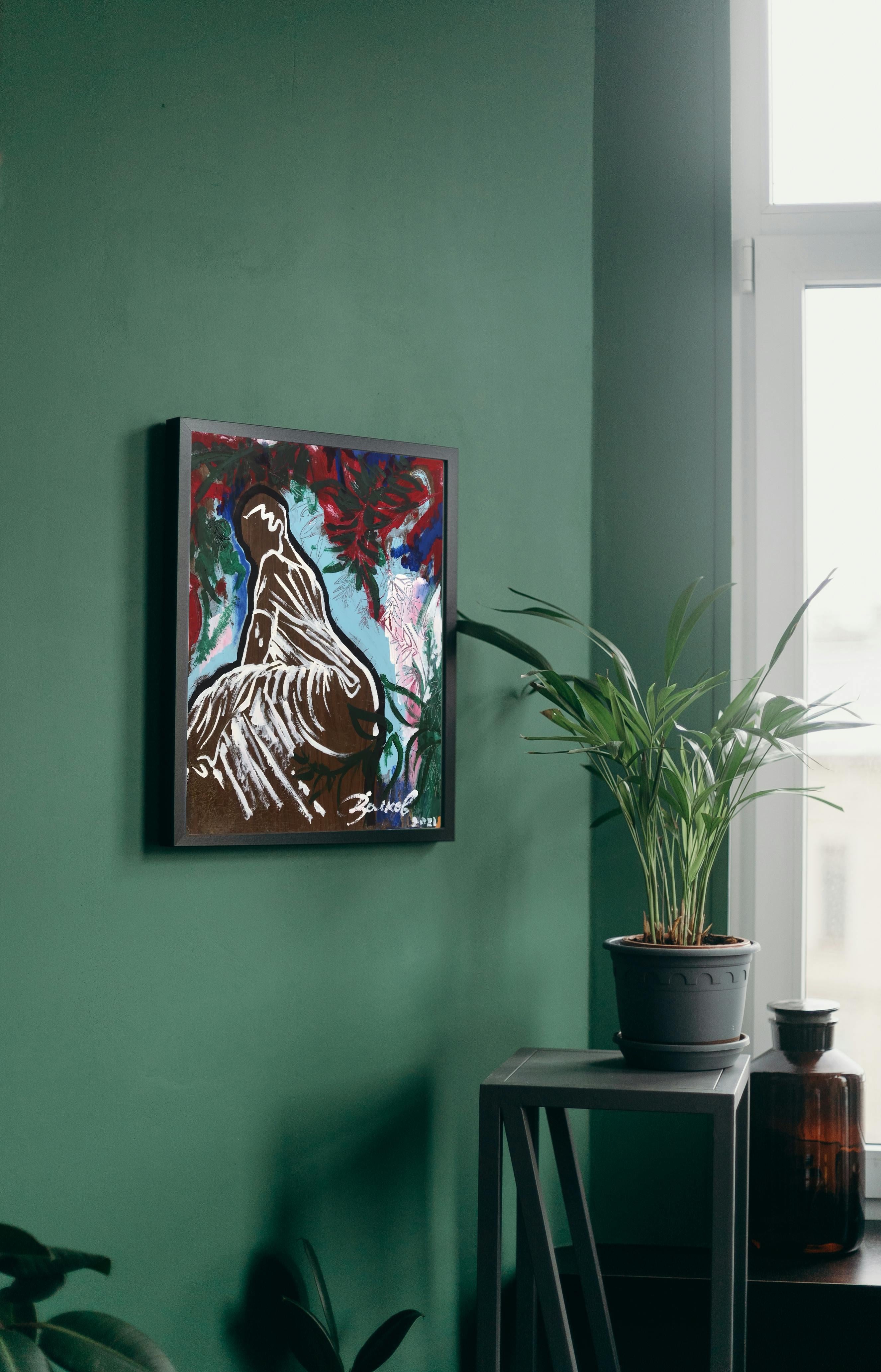 This painting embodies a dynamic interplay of movement and emotion, brought to life through an expressive technique that melds vibrant colors with delicate, purposeful lines. At the heart of the composition is the image of a lady in a flowing white