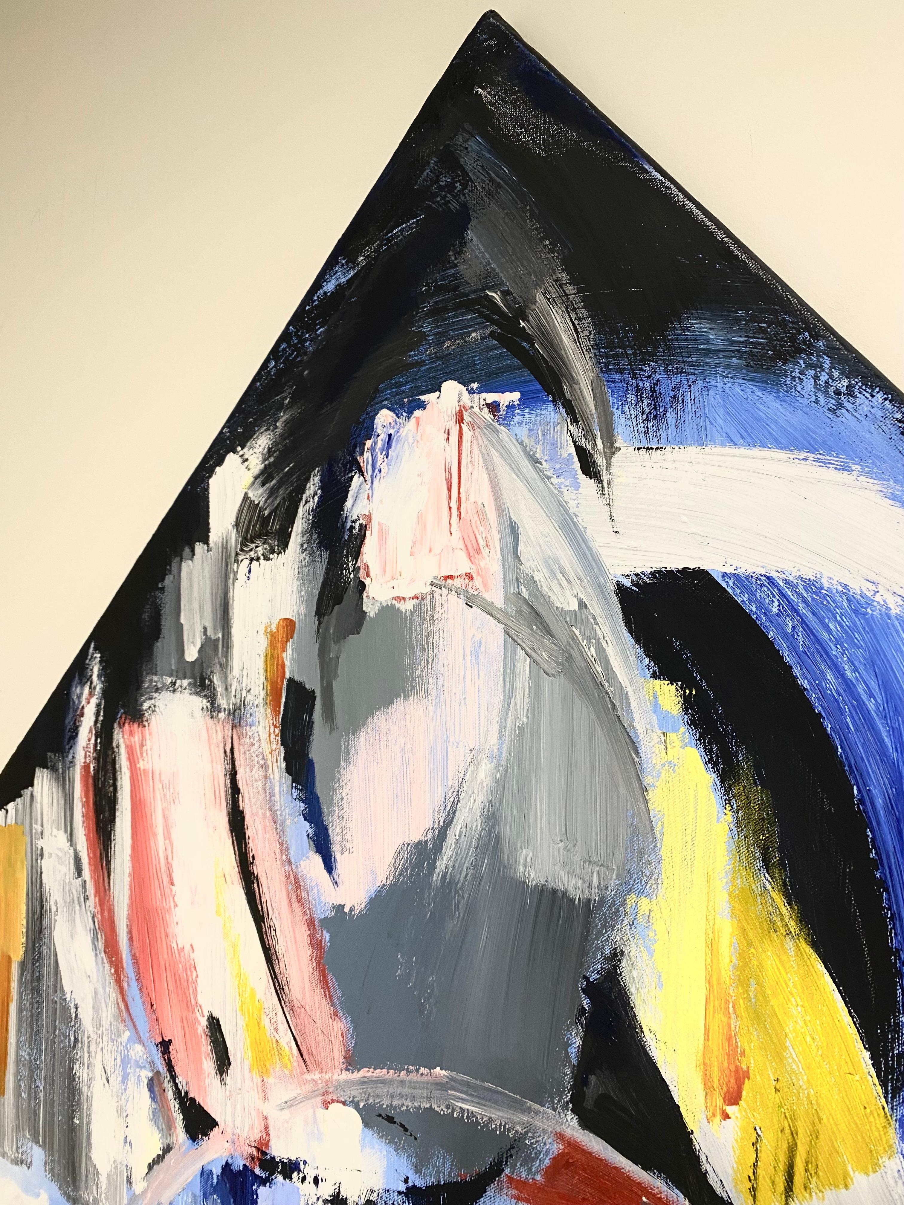 A triangular-shaped canvas executed in an expressive manner, reminiscent of light refracting through a prism. The artist explores the transformation of light as it spirals into motion, taking on the sacred form of a pyramid. The work unites energy