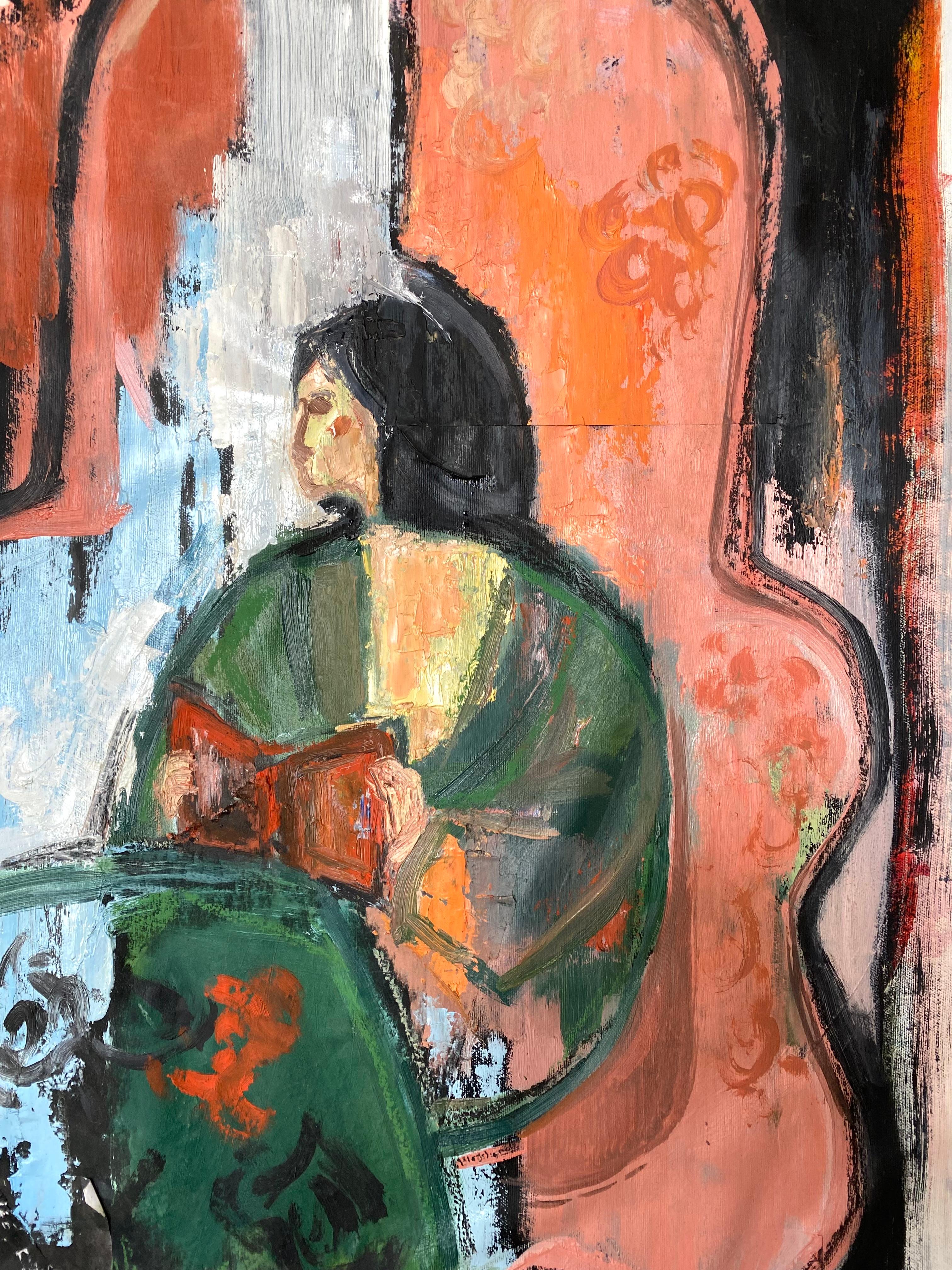 This work, executed in an abstract manner with collage elements, portrays a young woman absorbed in reading while seated in an armchair. The composition unfolds through a highly expressive play of contrasts — sharp tensions of color and form