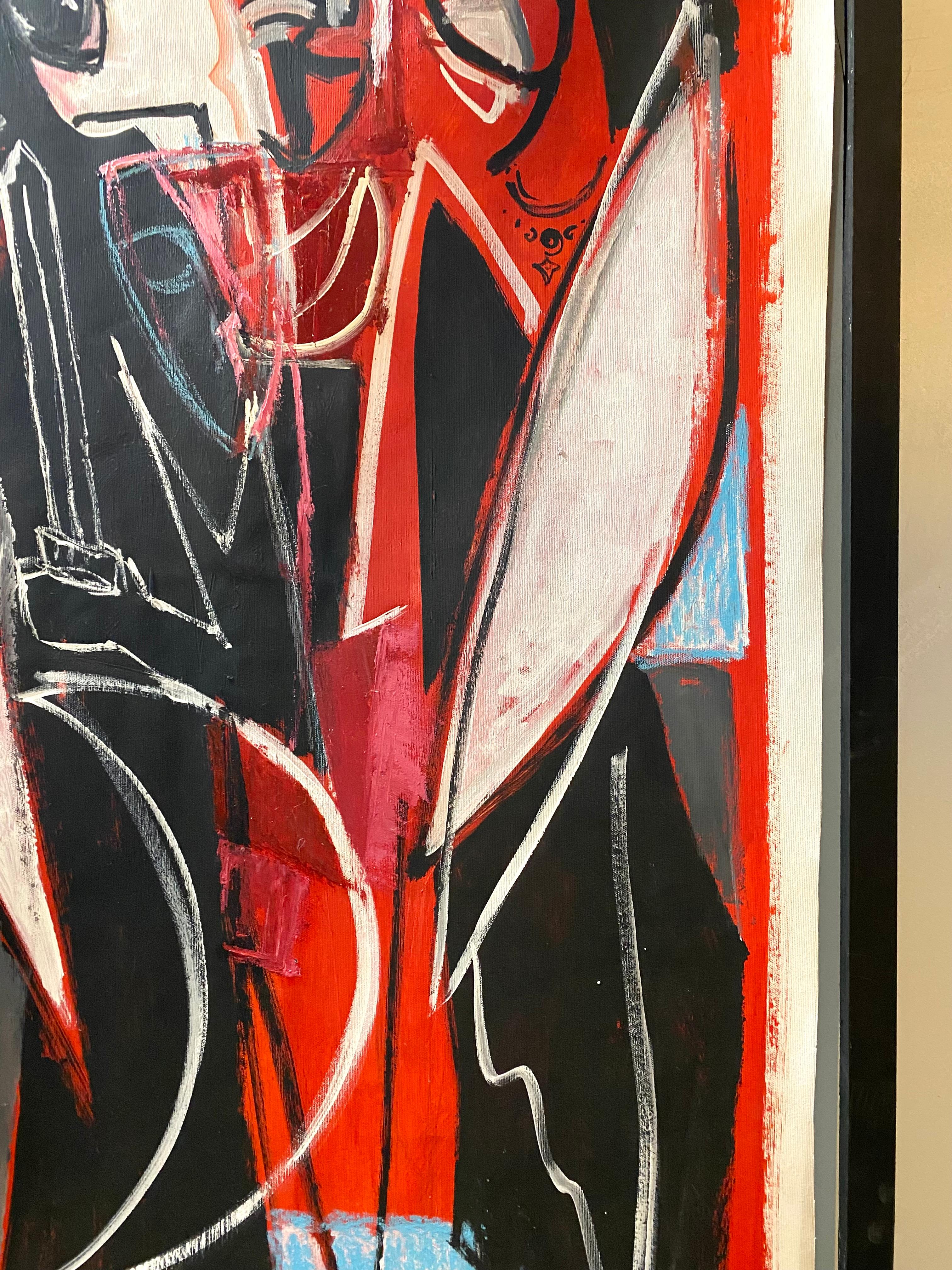 In questo dipinto, l'artista esplora il tema della guida e della protezione in modo cubista-astratto. I mentori e gli angeli non sono raffigurati letteralmente, ma emergono attraverso il ritmo delle linee, la vibrazione del colore e la tensione dei