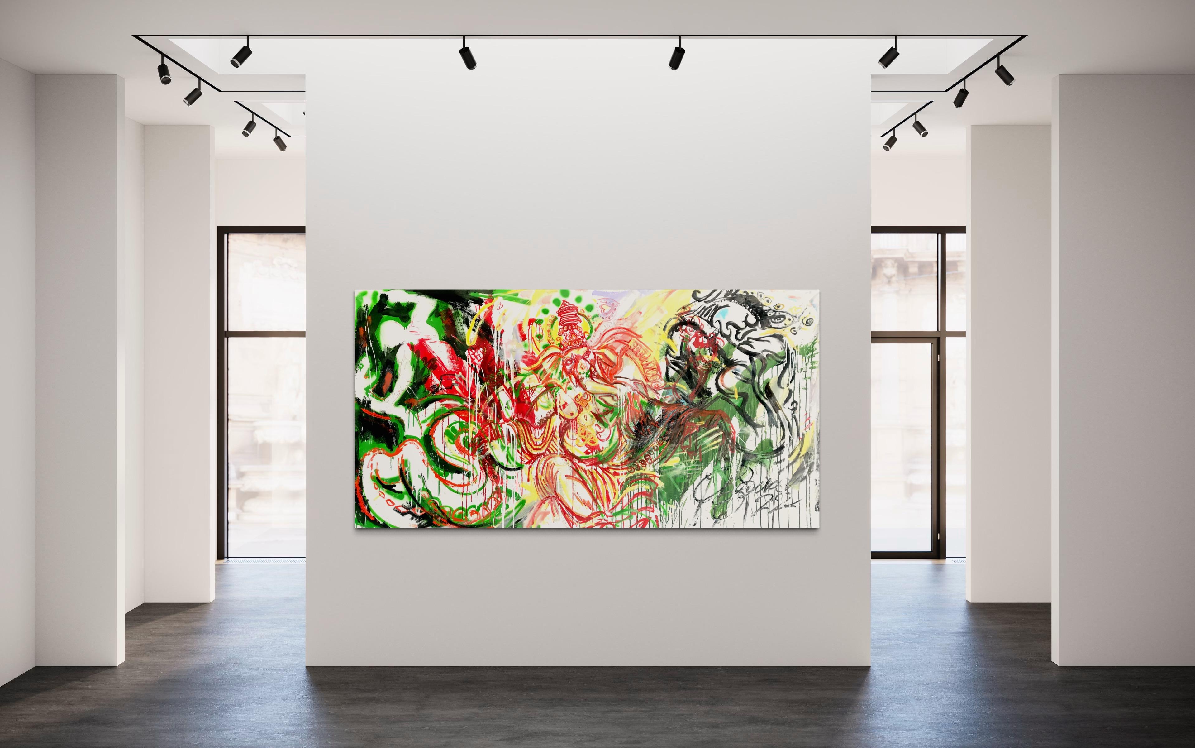 This painting is an exploration of mythological and religious themes, blending imagery from Hinduism with elements from ancient Greek culture. The expressive technique used here brings a vibrant energy to the canvas, where the viewer can discern the