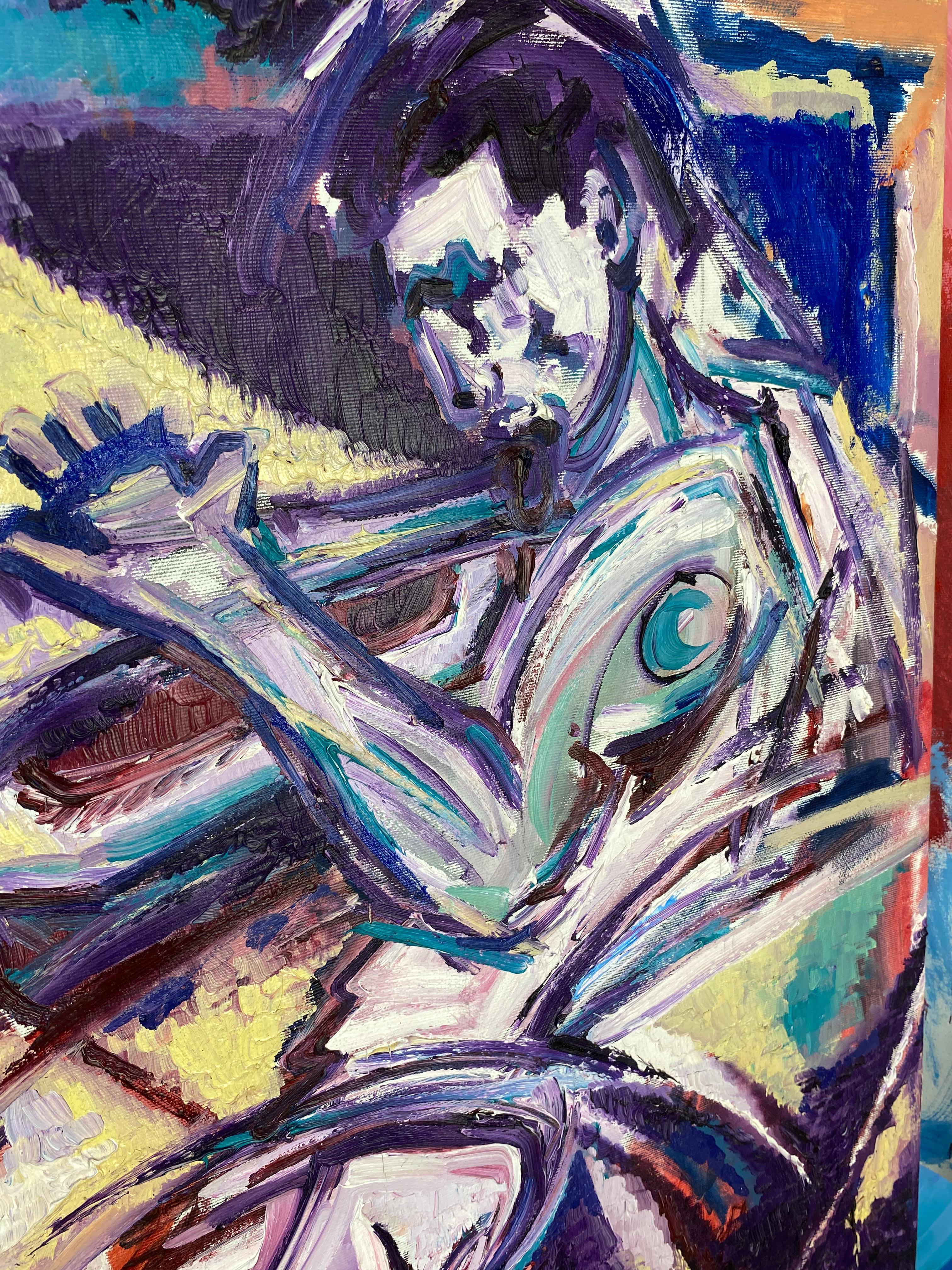 This painting captures the essence of jazz musician Miles Davis through an expressive and dynamic abstraction. The use of vibrant, sweeping brushstrokes and bold, energetic lines conveys the intensity and passion of Davis’s performance. The