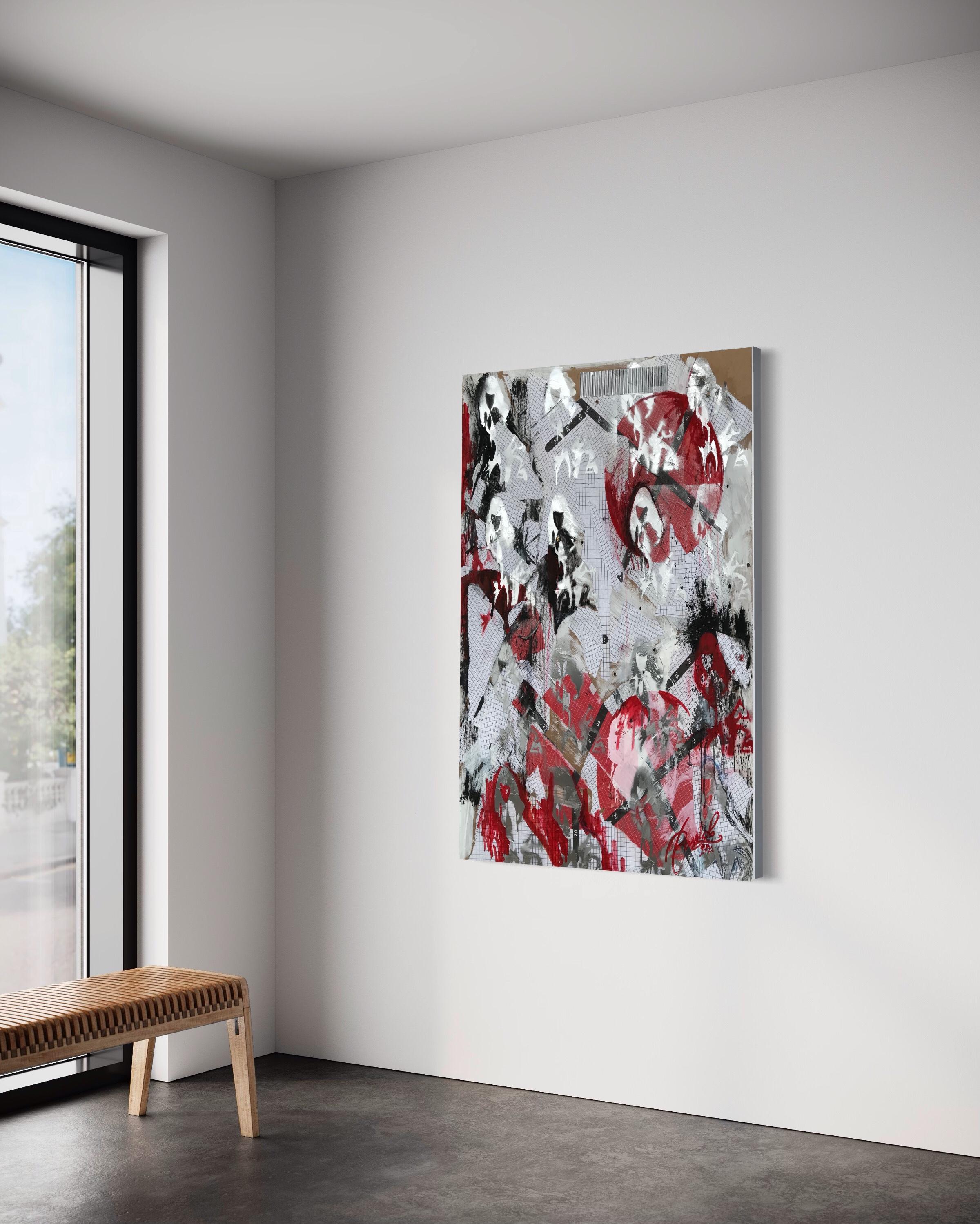 Esta expresiva pintura es una sorprendente mezcla de diversas técnicas y materiales artísticos, que crea una composición dinámica y estratificada. En la obra destacan varias imágenes del rostro de una mujer, dispersas por el lienzo en distintos