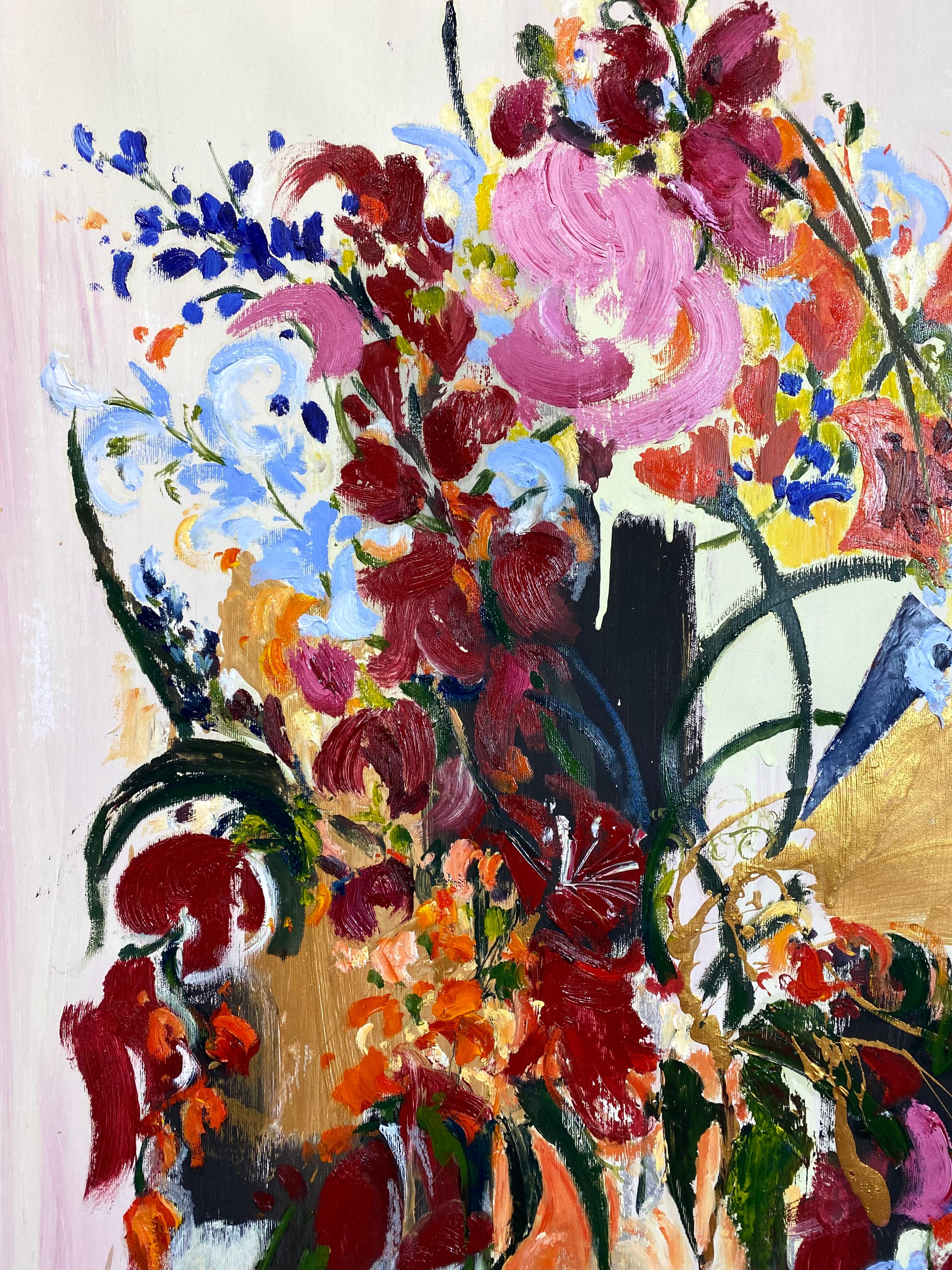Executed in 2025 amid the full-scale war in Ukraine, this still life is created in an expressive, deconstructive manner, incorporating collage-like elements that reference the abstract expressionist approaches of Jean Schalfaski and Willem de