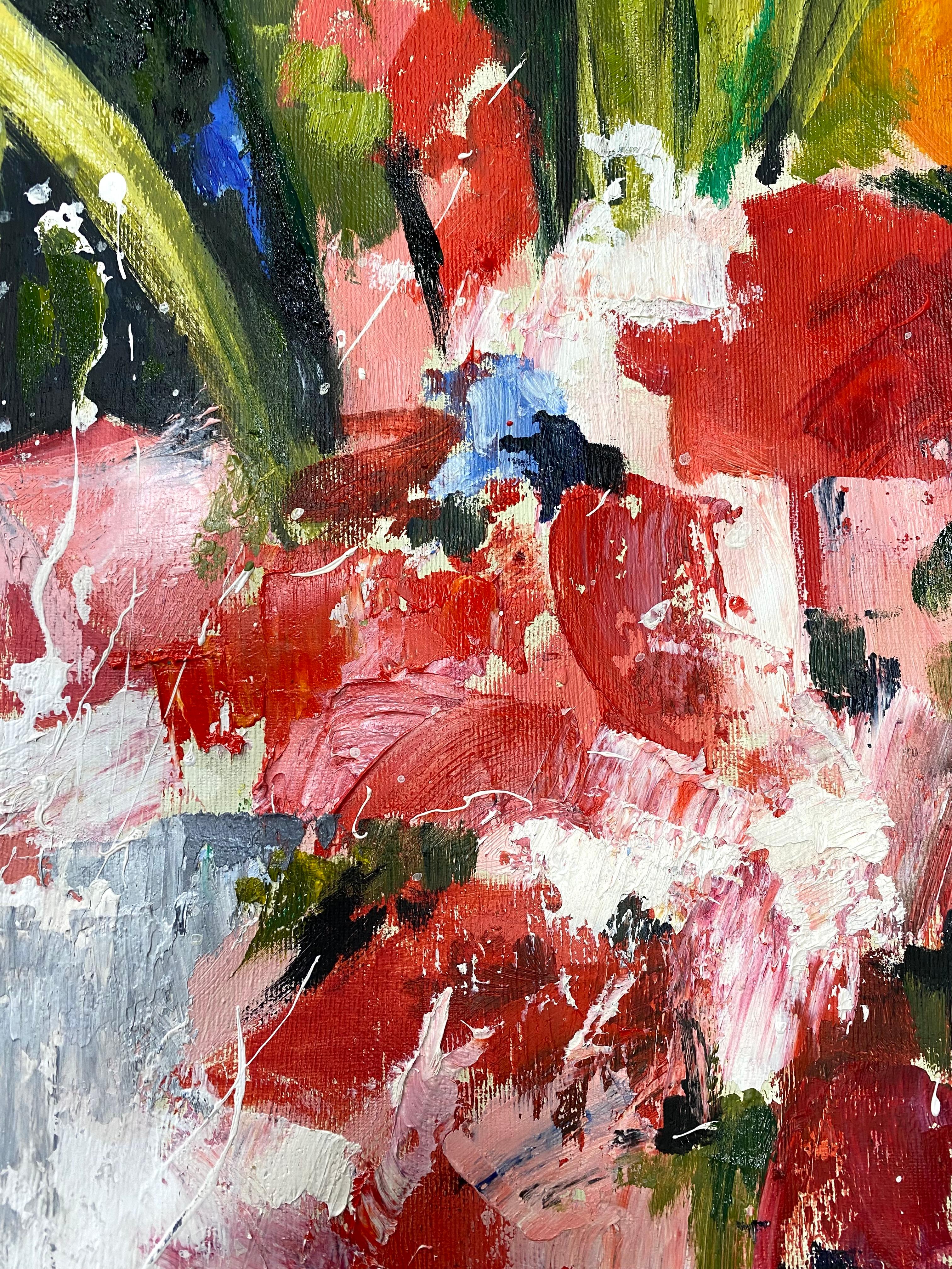 The painting depicts red flowers dissolving into a sea of expressive green, their fragile forms merging with an almost turbulent energy of color. Painted in 2025, amid the full-scale war in Ukraine, the work resonates with both immediacy and