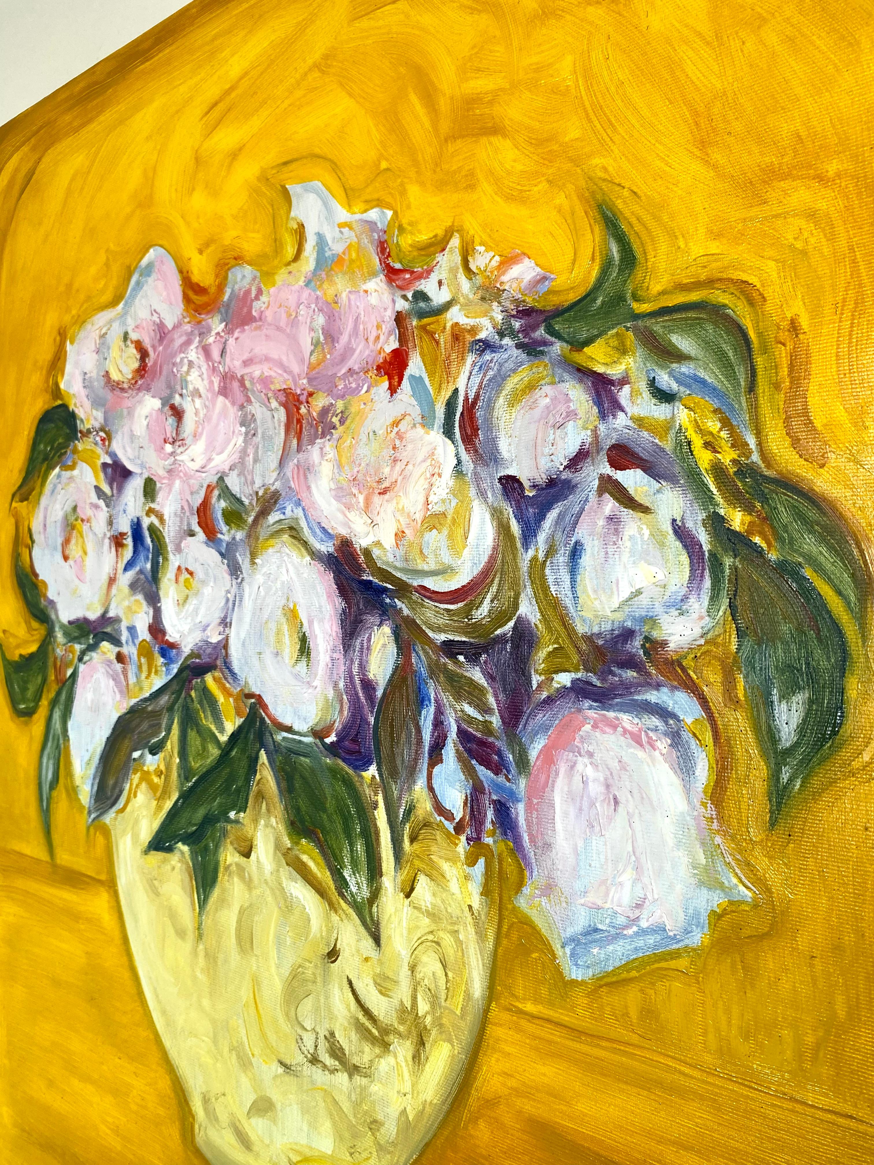 Ihor Volkov-Tkachynskyi trae ispirazione dalla litografia giapponese e dal suo spiccato senso della prospettiva piatta, reinterpretando il genere della natura morta attraverso un gioco ritmico di forme e colori. La composizione floreale pulsa con il