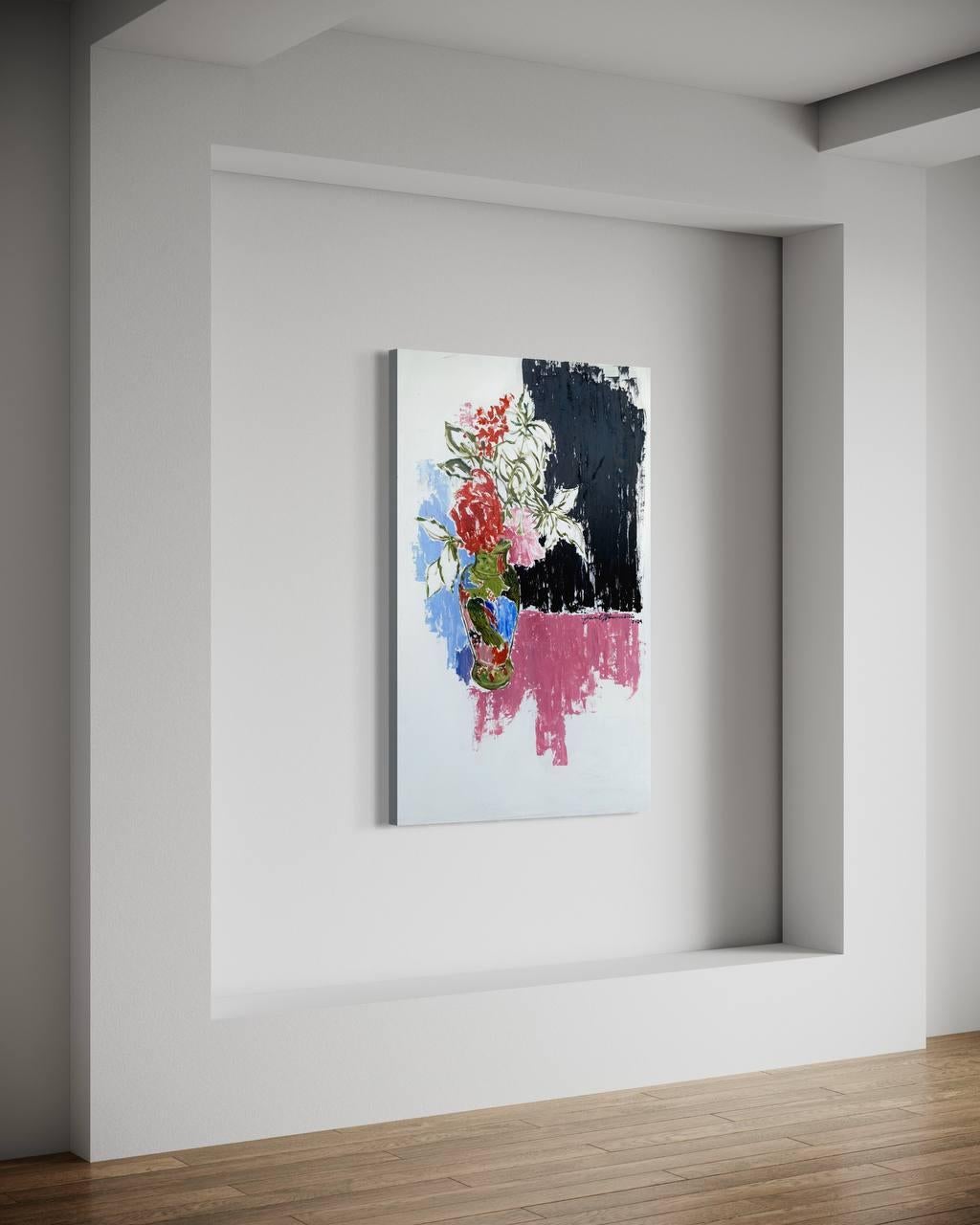 Die Blumenserie zeigt ein klassisches Motiv mit einem subtilen Augenmerk auf die subtile Bewegung und den Rhythmus der Flora, mit Hilfe von Farbe, abstrakter Vision und ausdrucksstarker Handschrift des Künstlers. Inspiriert von der östlichen