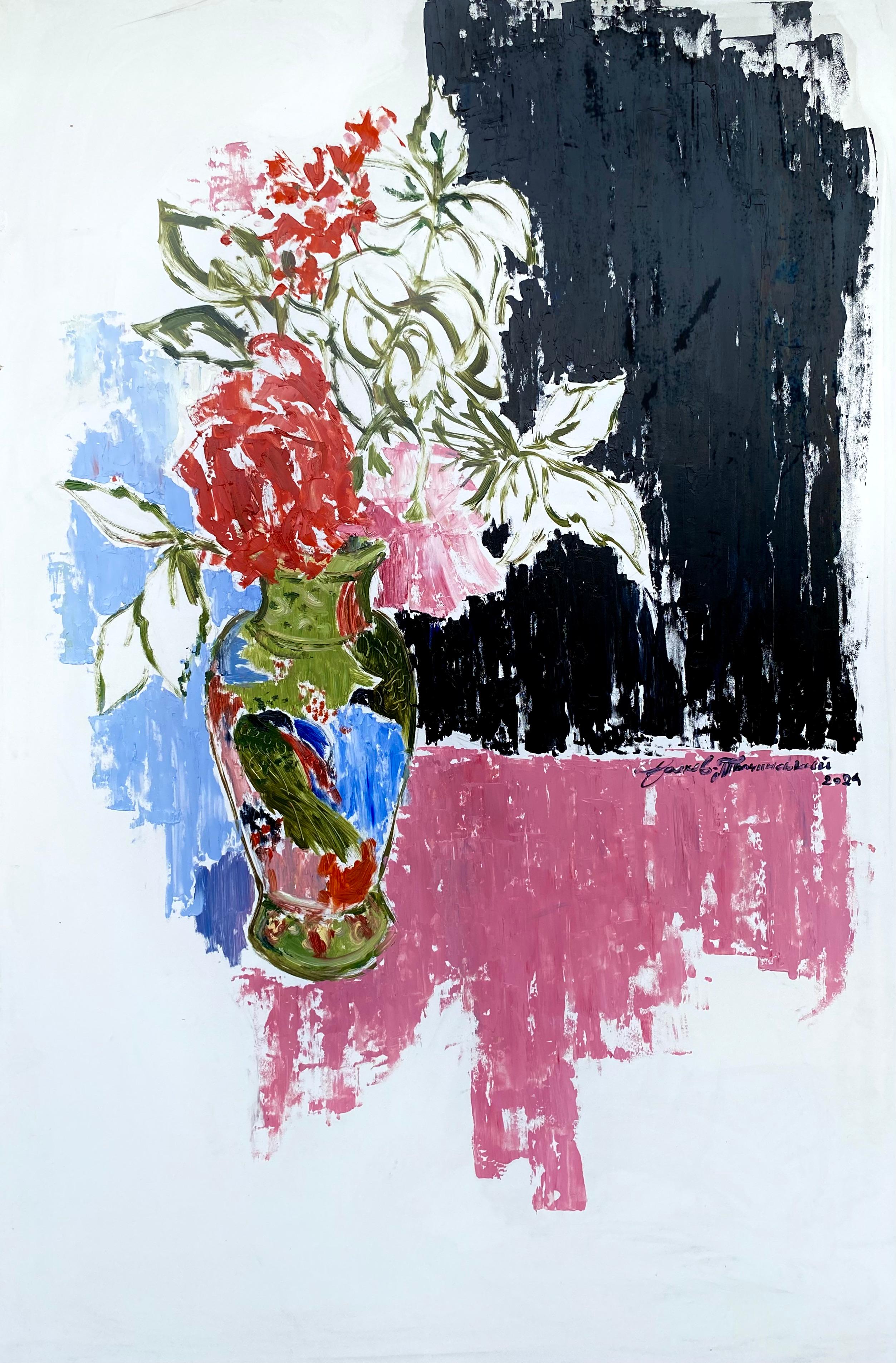 "Rose in un vaso giapponese con uccelli"