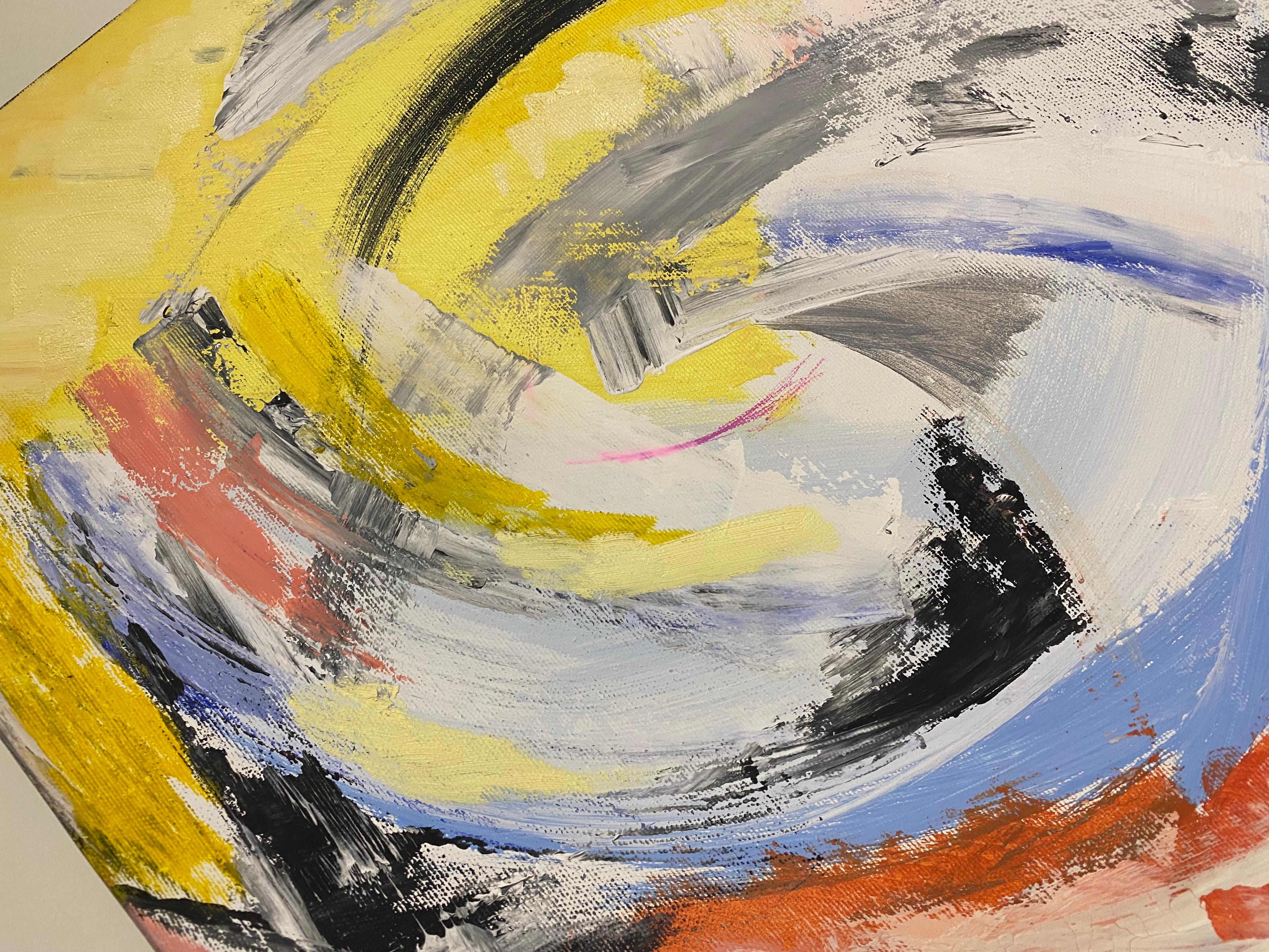 A triangular canvas executed in an expressive manner, where colors resemble streams of luminous energy refracting and flowing as if through a prism. The artist conveys the movement of energy spiraling into motion, forming the sacred image of a